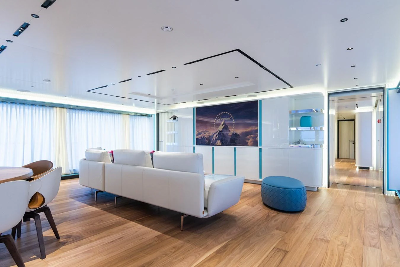 The salon features modern furnishings with a spacious and bright ambiance. aboard RIO Yacht for Sale