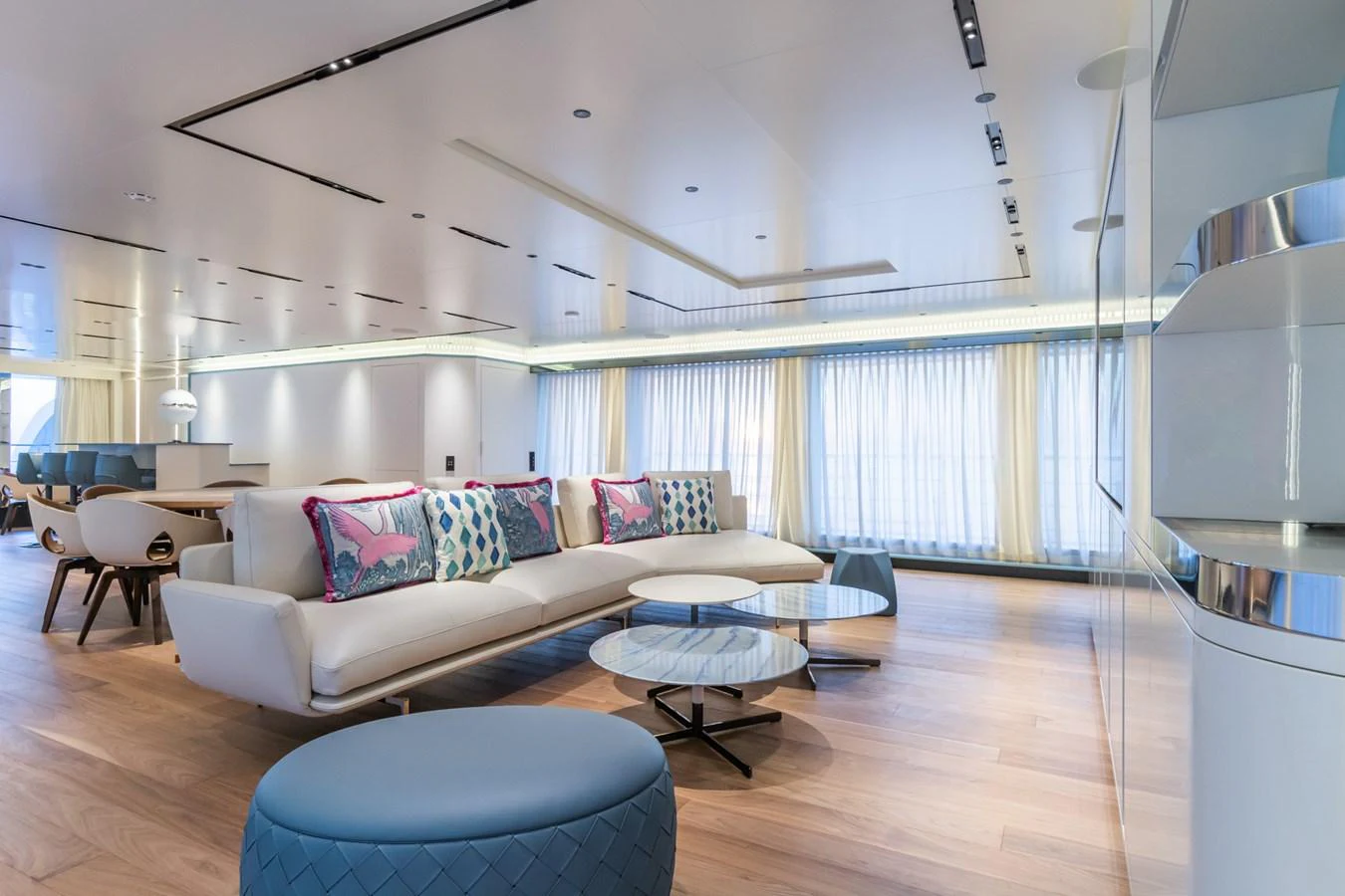 The yacht's salon features a modern and spacious design with elegant furnishings and ample natural light. aboard RIO Yacht for Sale