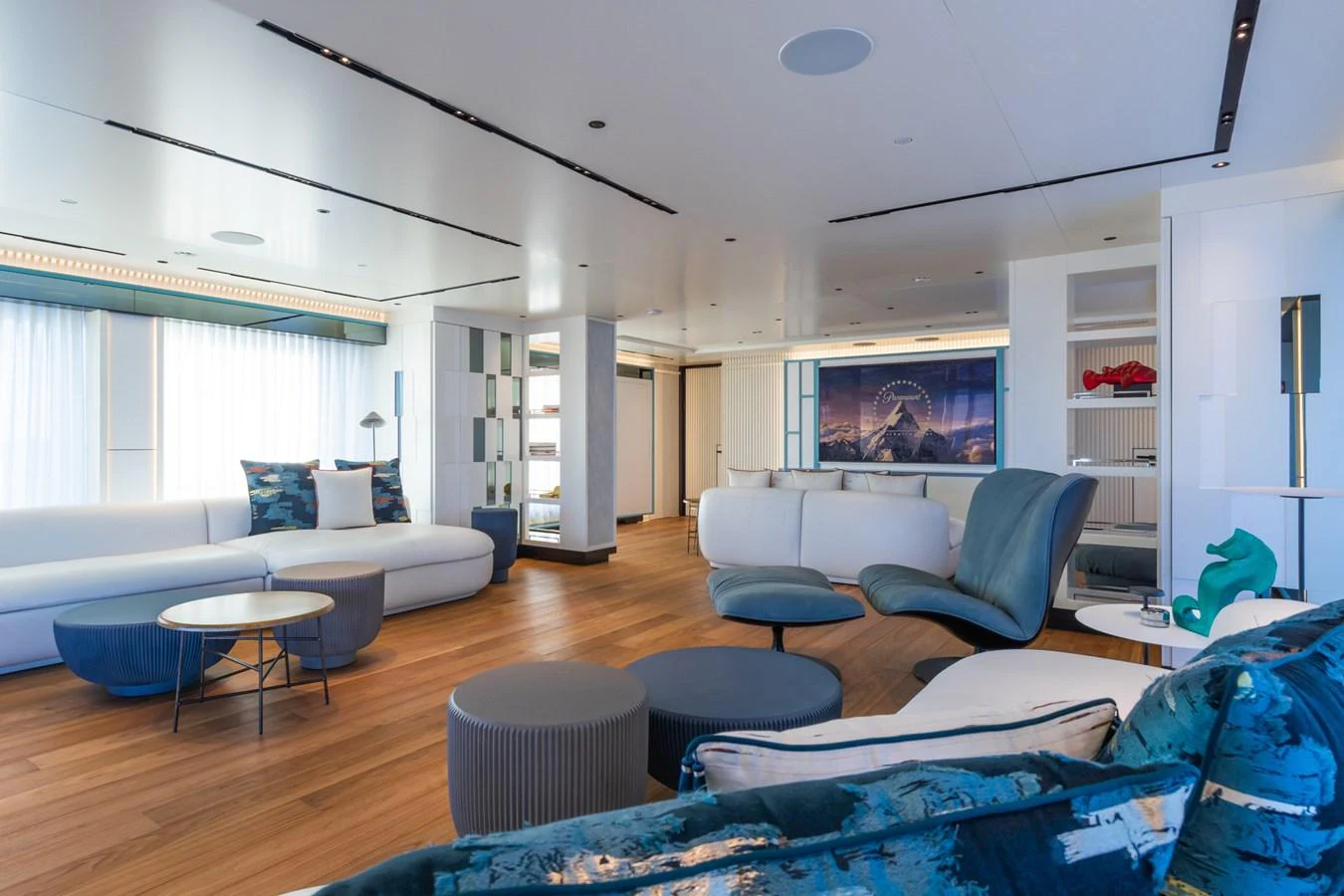 The spacious salon features modern furnishings and ample natural light. aboard RIO Yacht for Sale