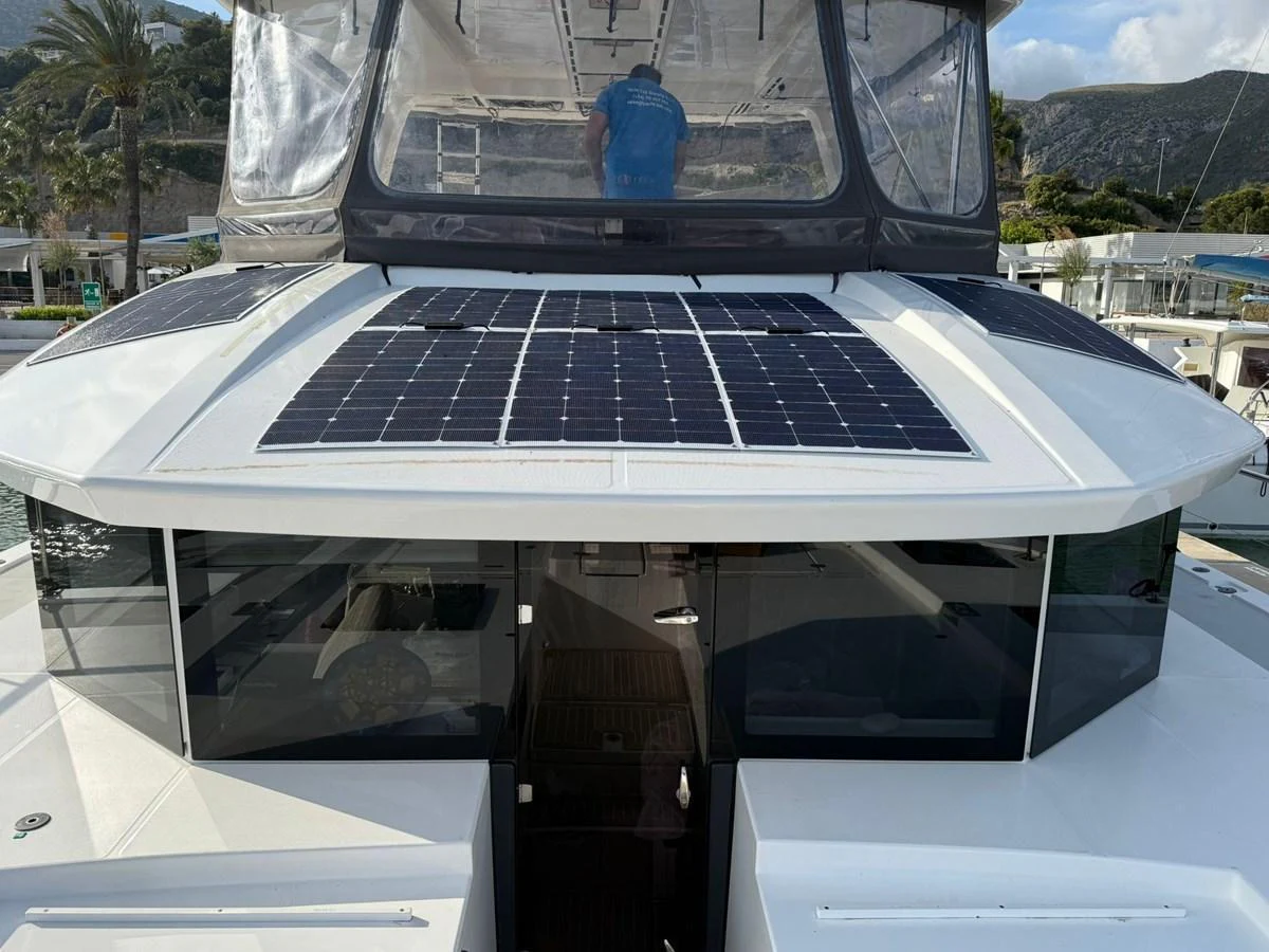 The yacht features solar panels on its deck, showcasing a commitment to sustainable energy. aboard LEOPARD 28M Yacht for Sale