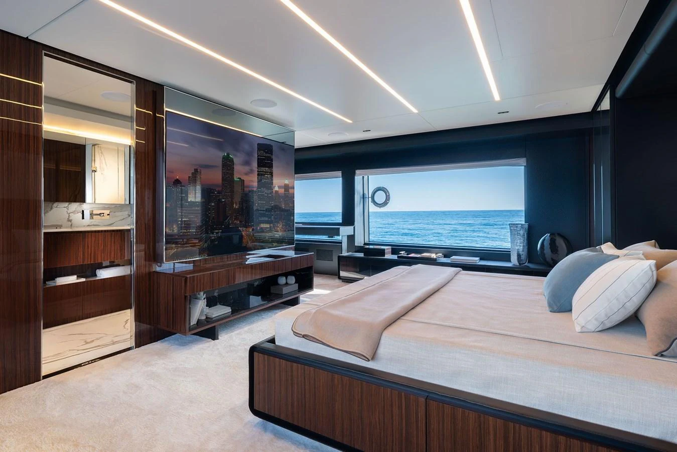 The master stateroom offers a luxurious and spacious retreat with stunning ocean views. aboard RIVA 112 DOLCEVITA SUPER Yacht for Sale
