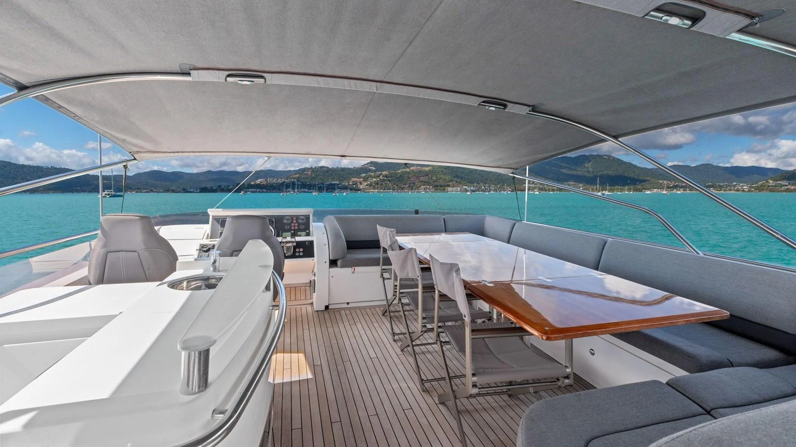 The flybridge offers a spacious and luxurious outdoor area with ample seating and dining space, perfect for enjoying scenic views. aboard ABOUT TIME Yacht for Sale