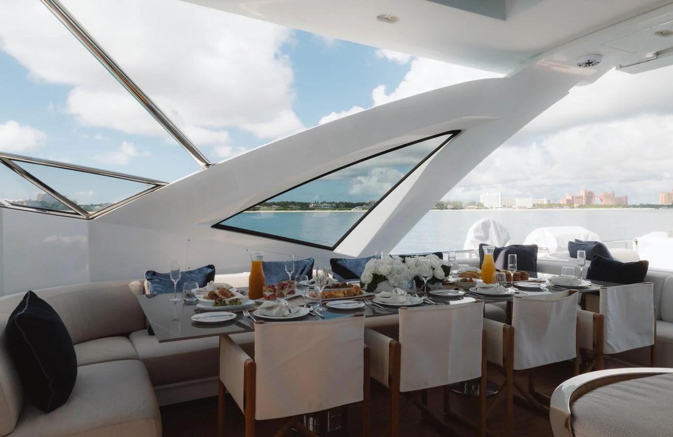a large tent with tables and chairs aboard CARPE DIEM Yacht for Sale