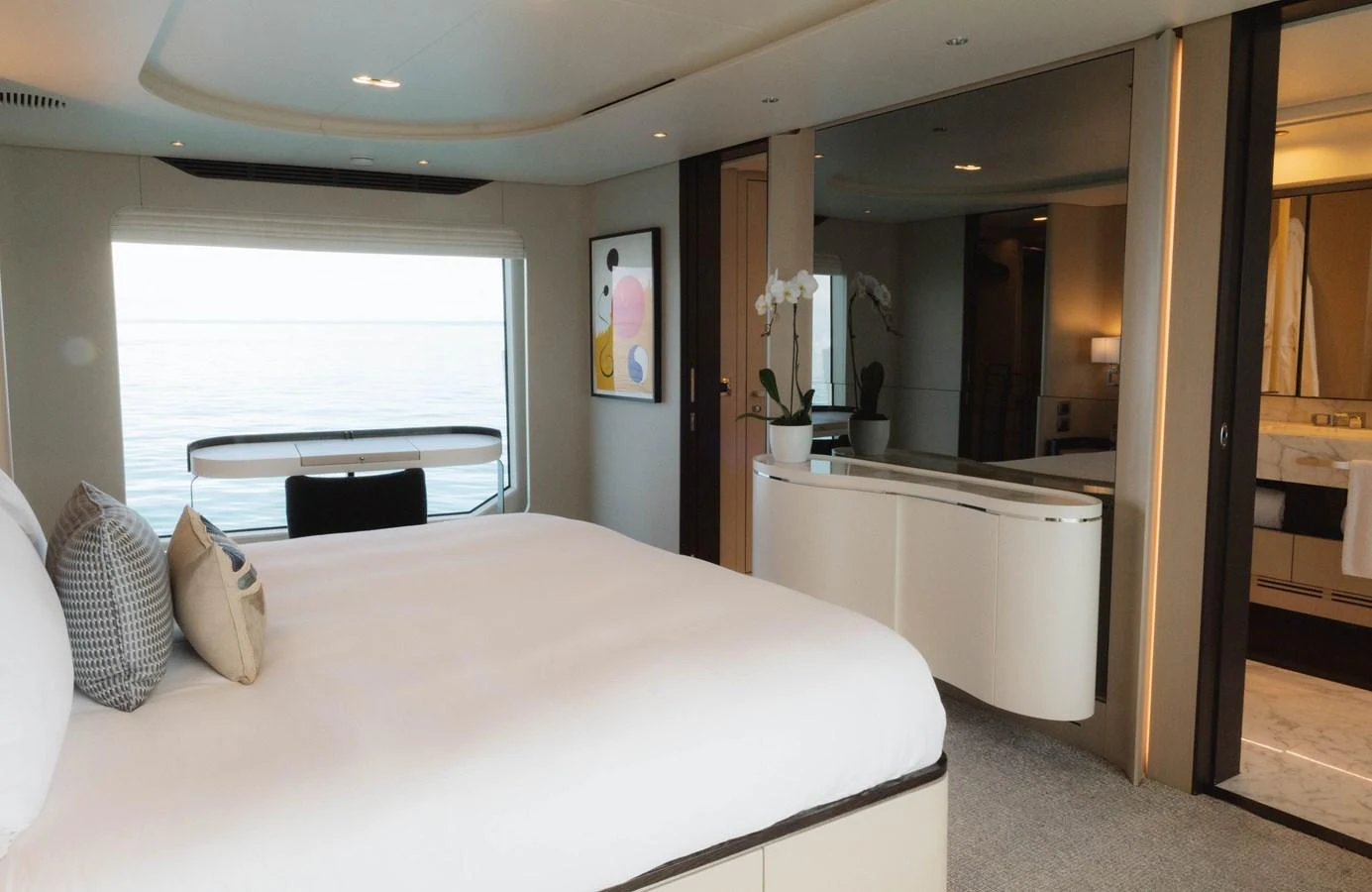 a bed in a room aboard CARPE DIEM Yacht for Sale