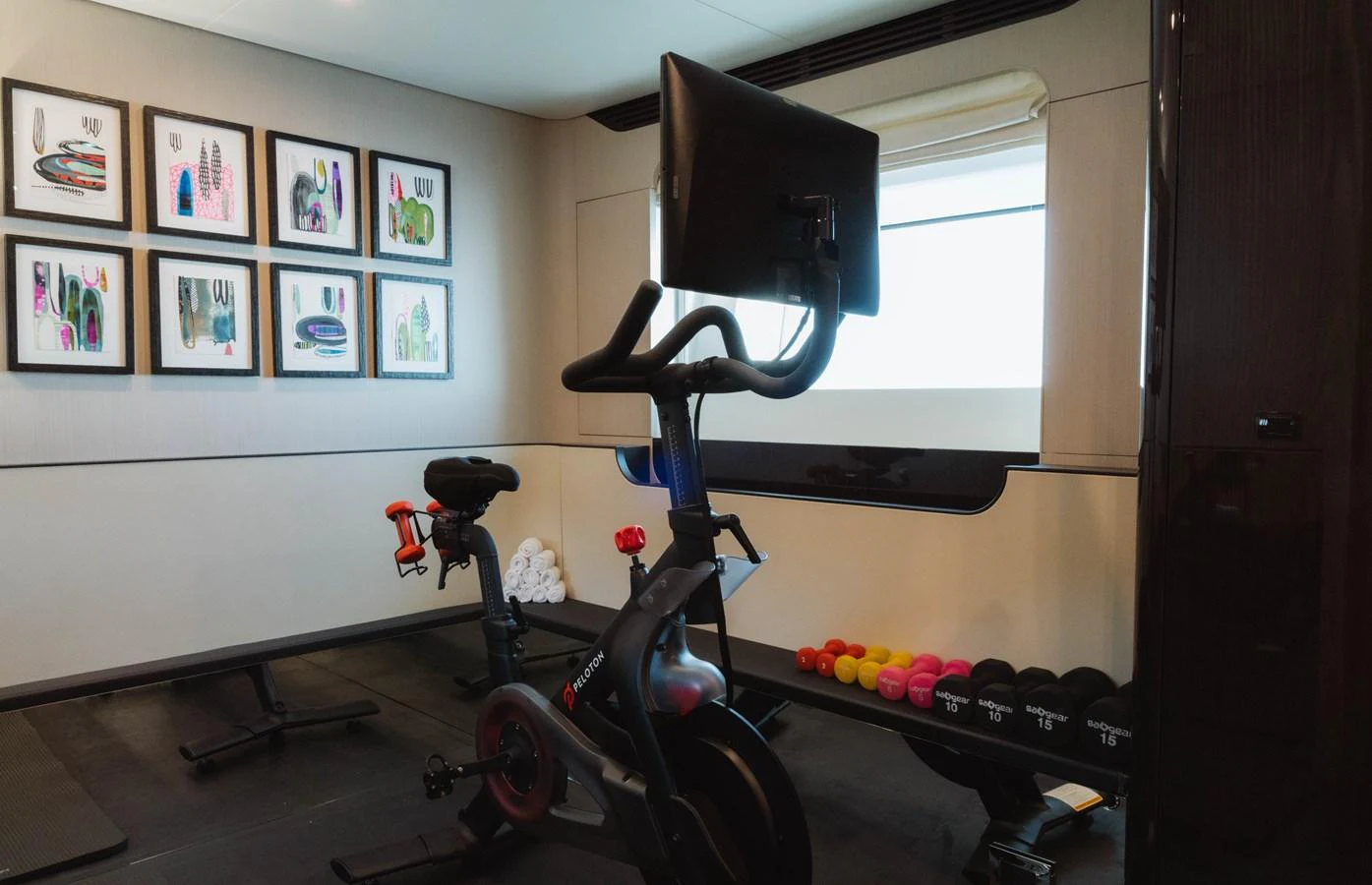 a bicycle in a room aboard CARPE DIEM Yacht for Sale