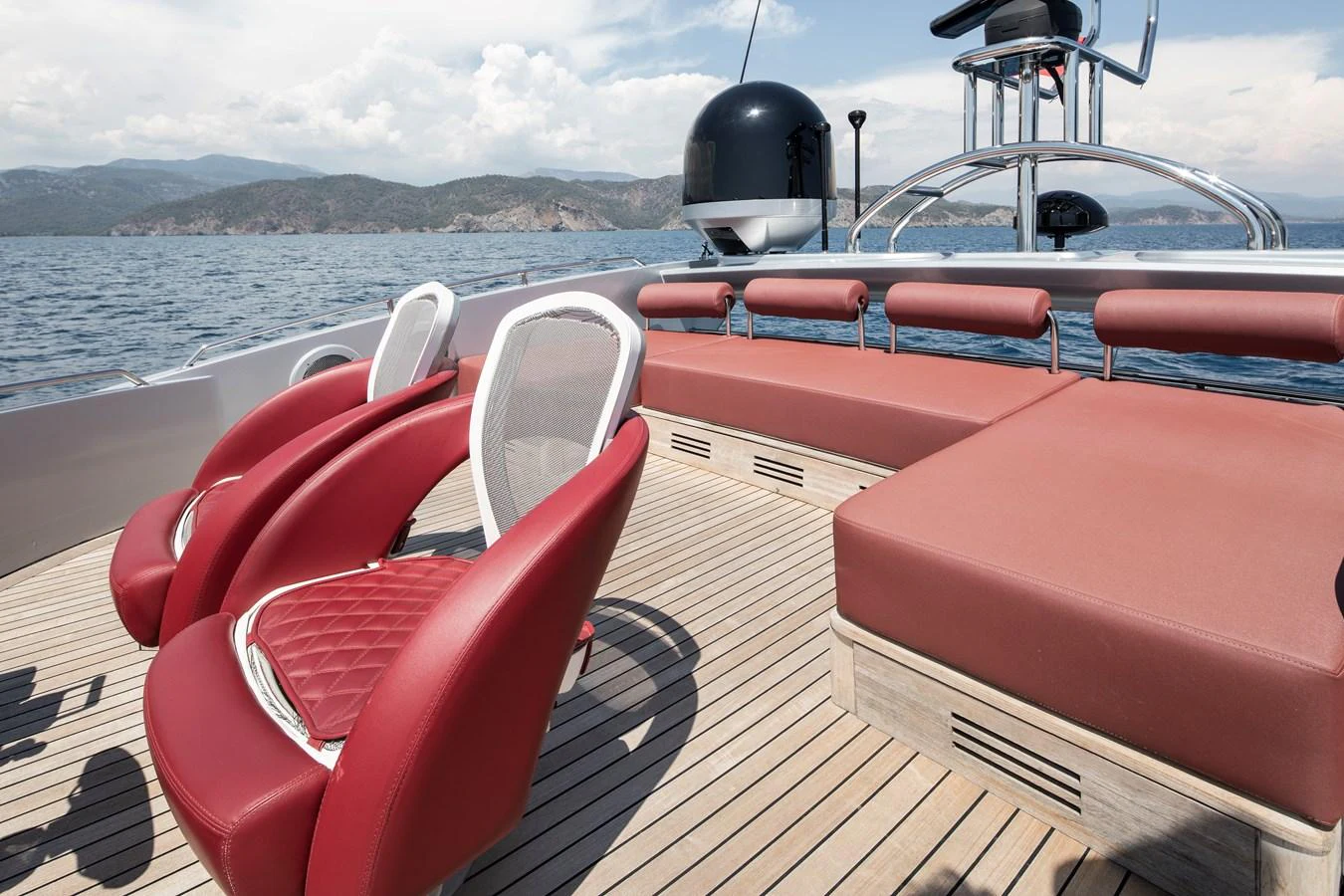 The flybridge offers luxurious seating with panoramic views of the surrounding waters. aboard AMARA Yacht for Sale