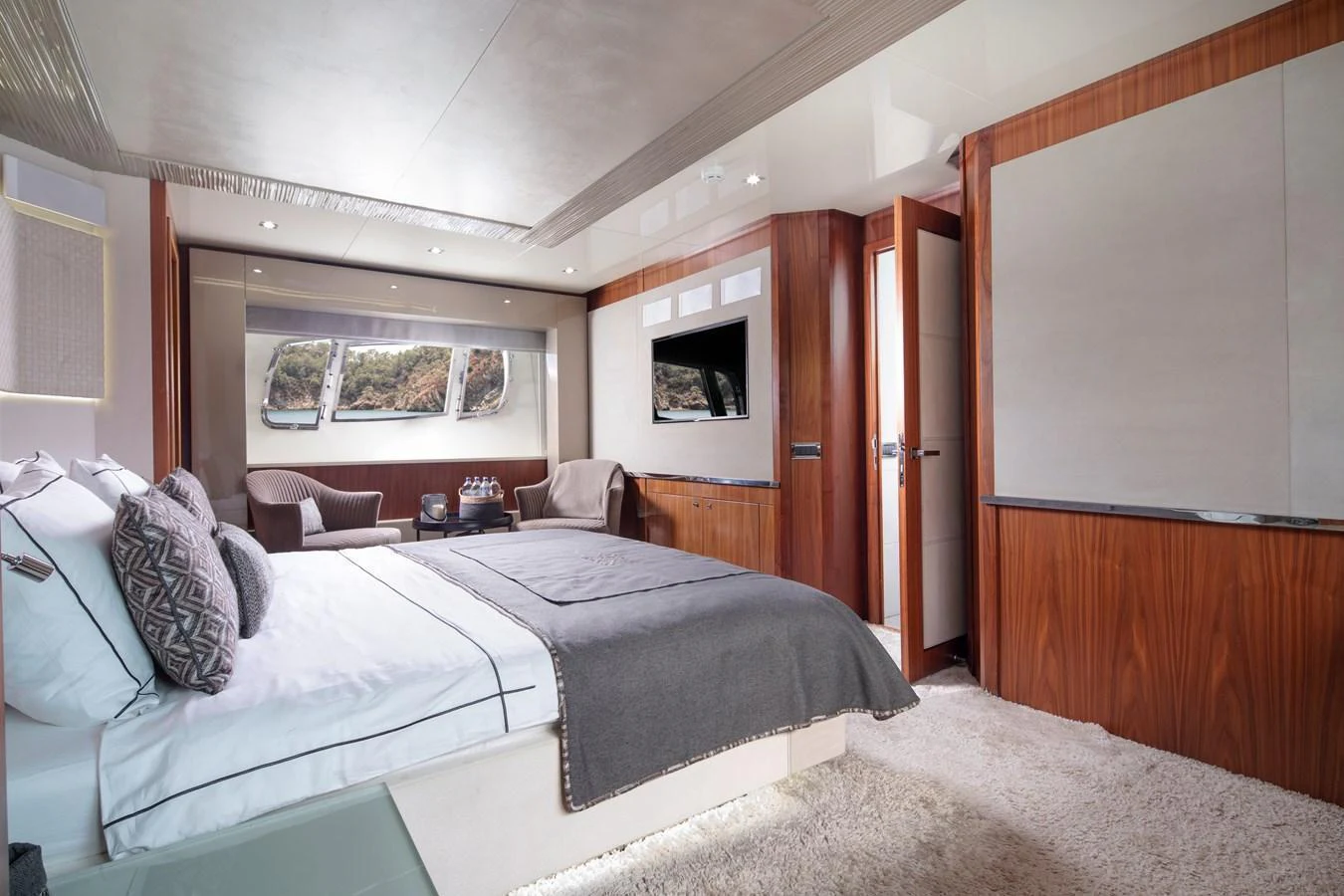 The master stateroom offers a luxurious and spacious retreat with elegant furnishings and a serene ambiance. aboard AMARA Yacht for Sale
