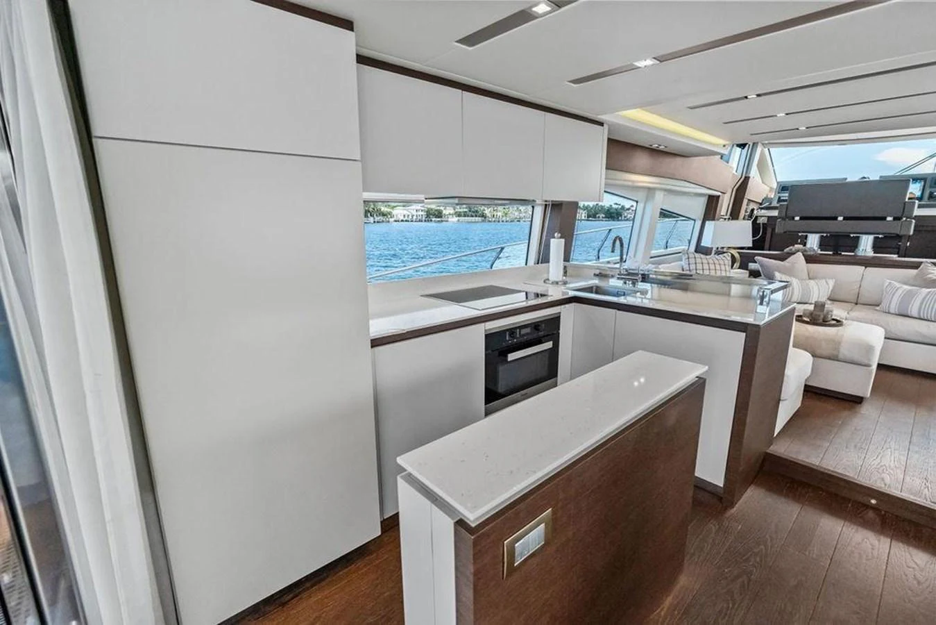 a kitchen with a large island aboard ELEVATION Yacht for Sale