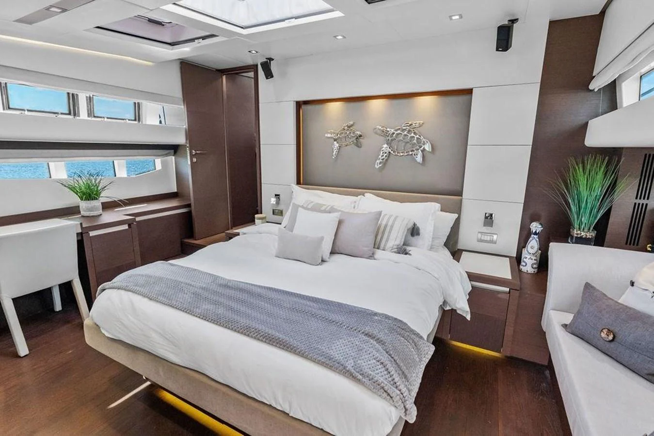 a bed in a room aboard ELEVATION Yacht for Sale