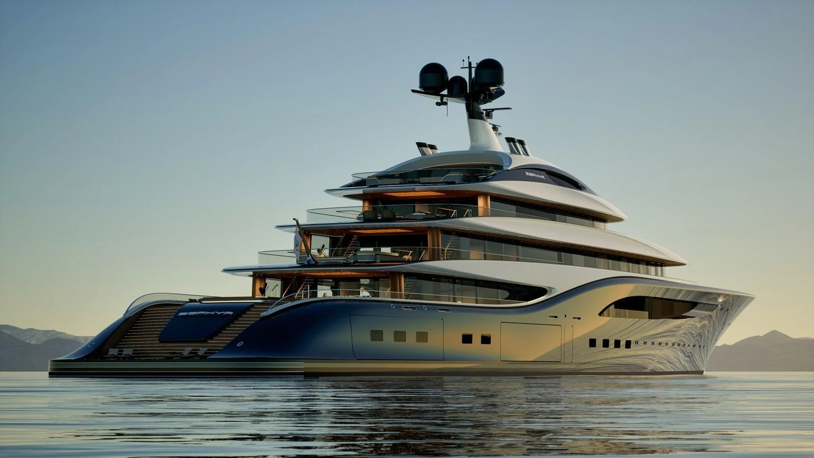 A sleek and modern yacht glides gracefully on calm waters at sunset. aboard ZEPHYR Yacht for Sale