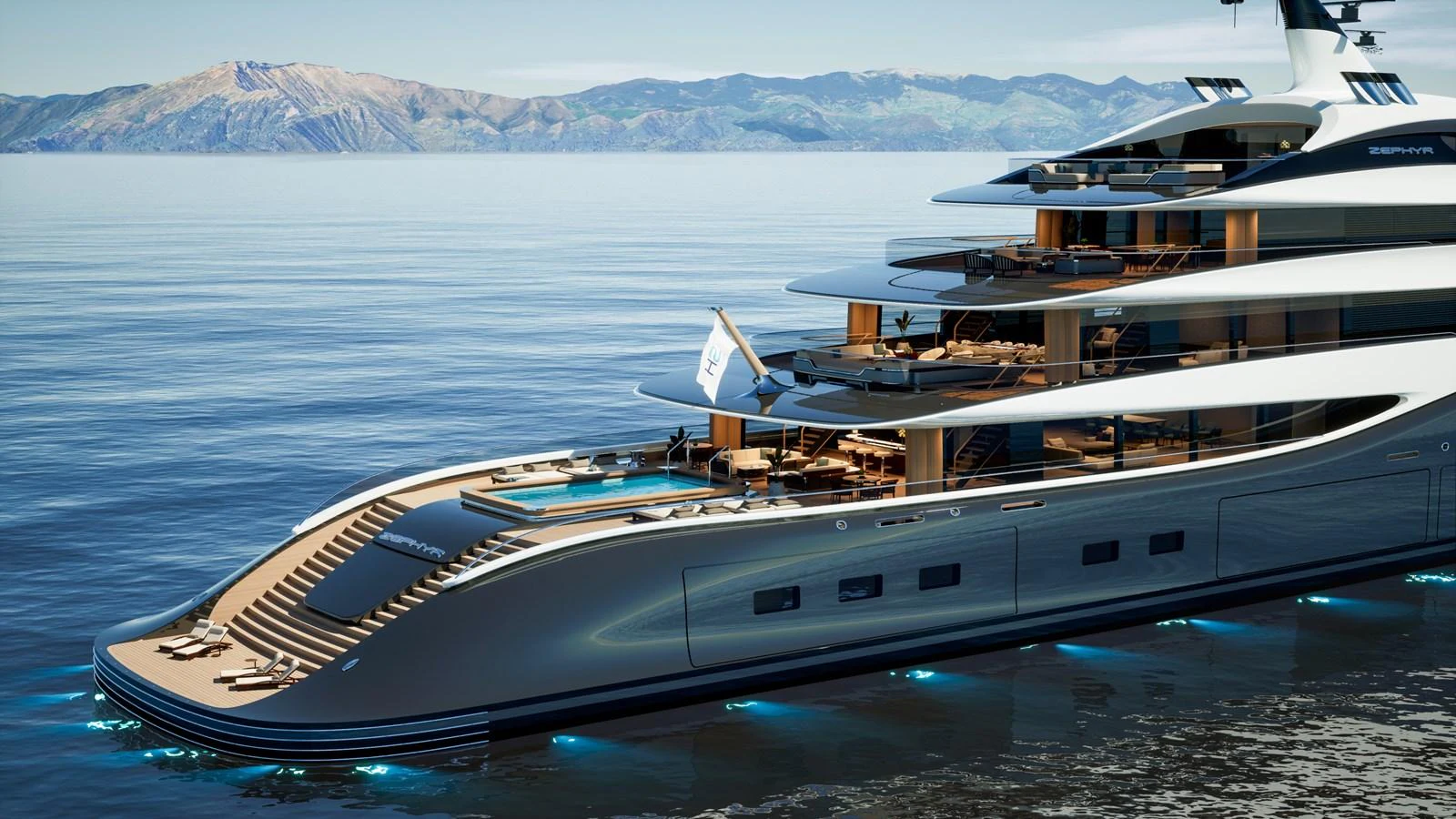 A sleek and modern yacht with multiple decks and luxurious amenities, cruising on calm waters with a mountainous backdrop. aboard ZEPHYR Yacht for Sale