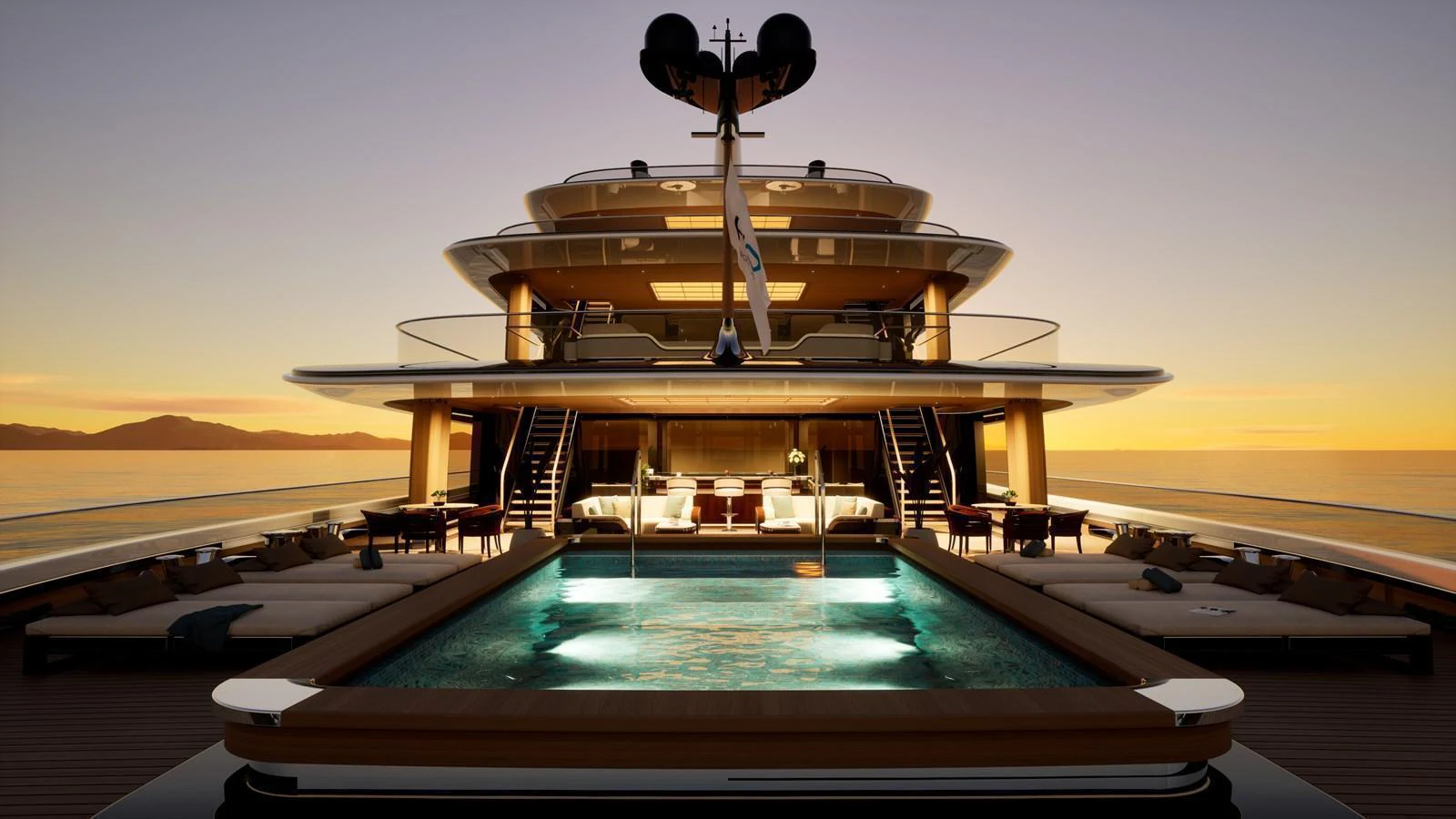 The yacht's aft deck features a luxurious pool area with ample seating, set against a stunning sunset backdrop. aboard ZEPHYR Yacht for Sale