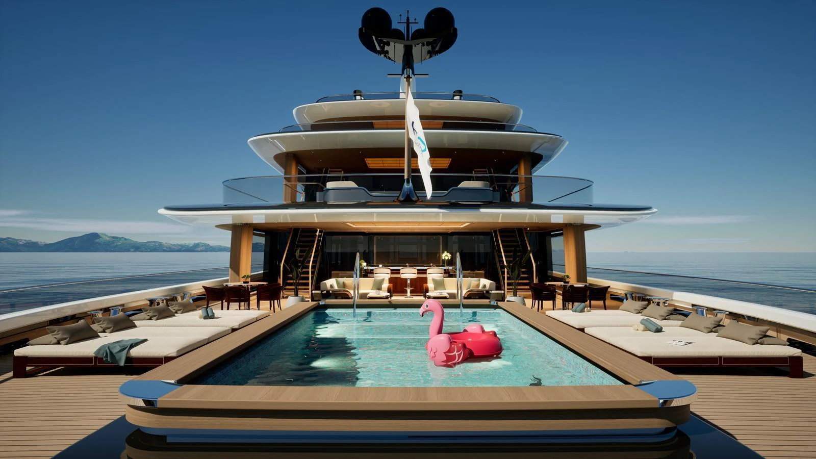 The yacht features a luxurious pool deck with ample lounging space and a playful pink inflatable flamingo. aboard ZEPHYR Yacht for Sale