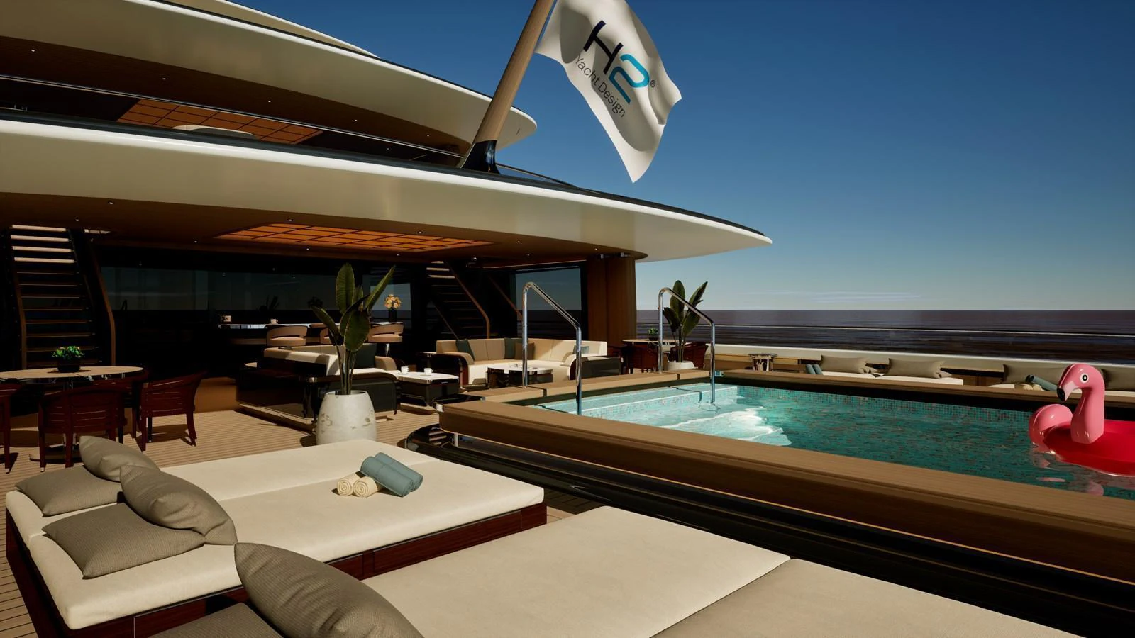 The sundeck features a luxurious pool area with ample lounging space and a playful inflatable flamingo. aboard ZEPHYR Yacht for Sale
