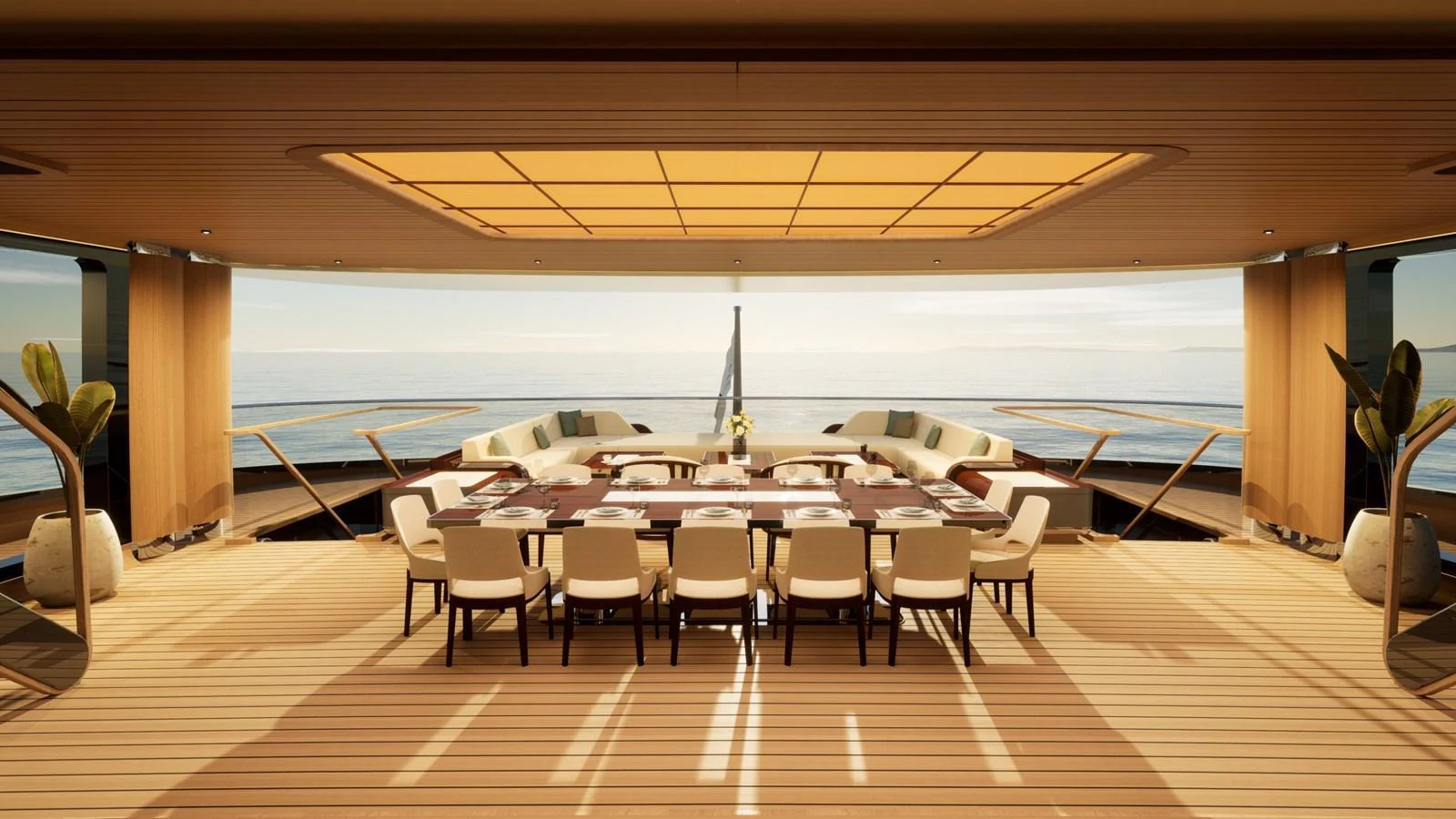 The yacht features an elegant dining area with panoramic ocean views and luxurious seating. aboard ZEPHYR Yacht for Sale