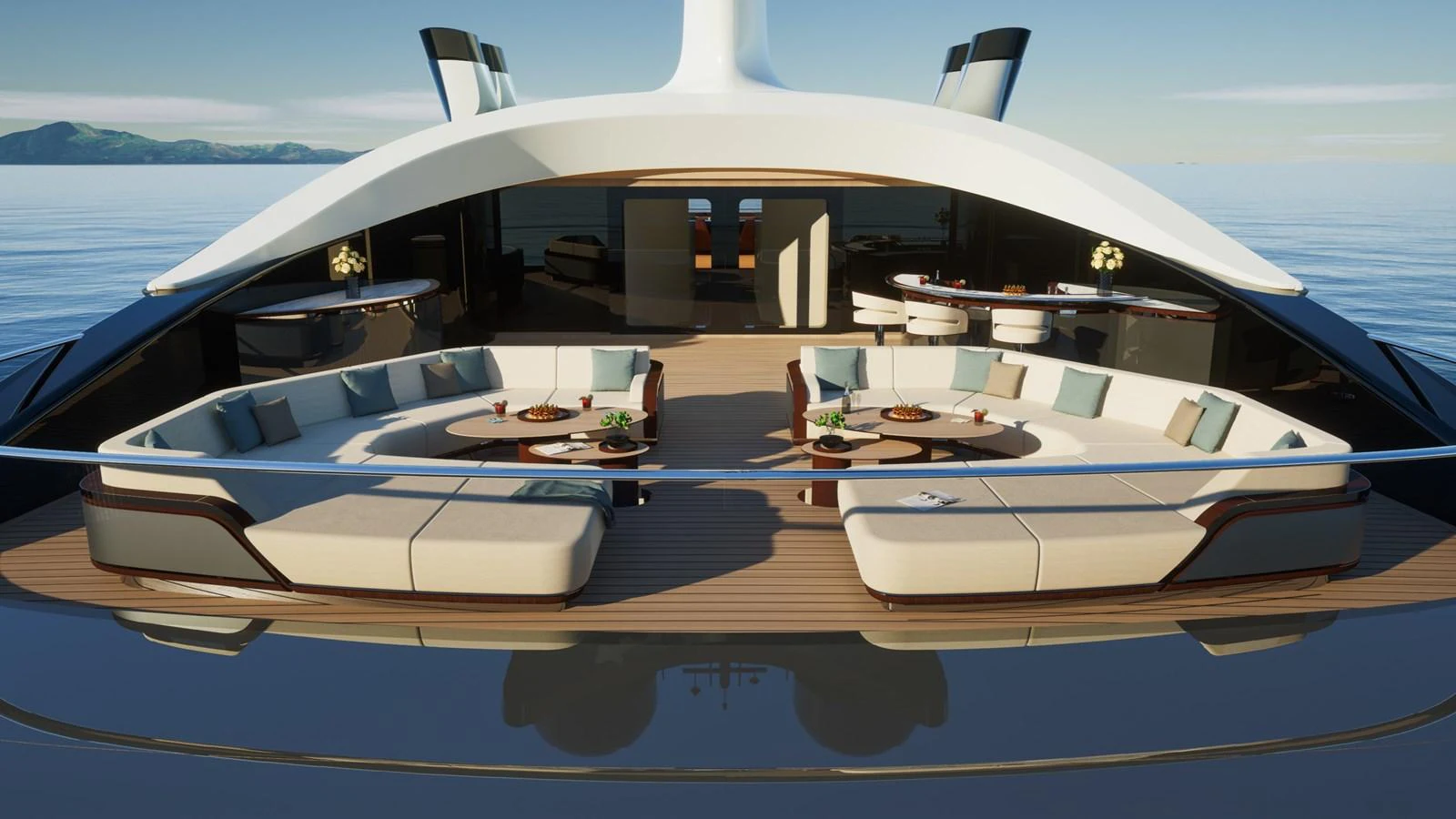 The yacht's aft deck features luxurious seating areas with elegant tables, perfect for relaxation and socializing. aboard ZEPHYR Yacht for Sale