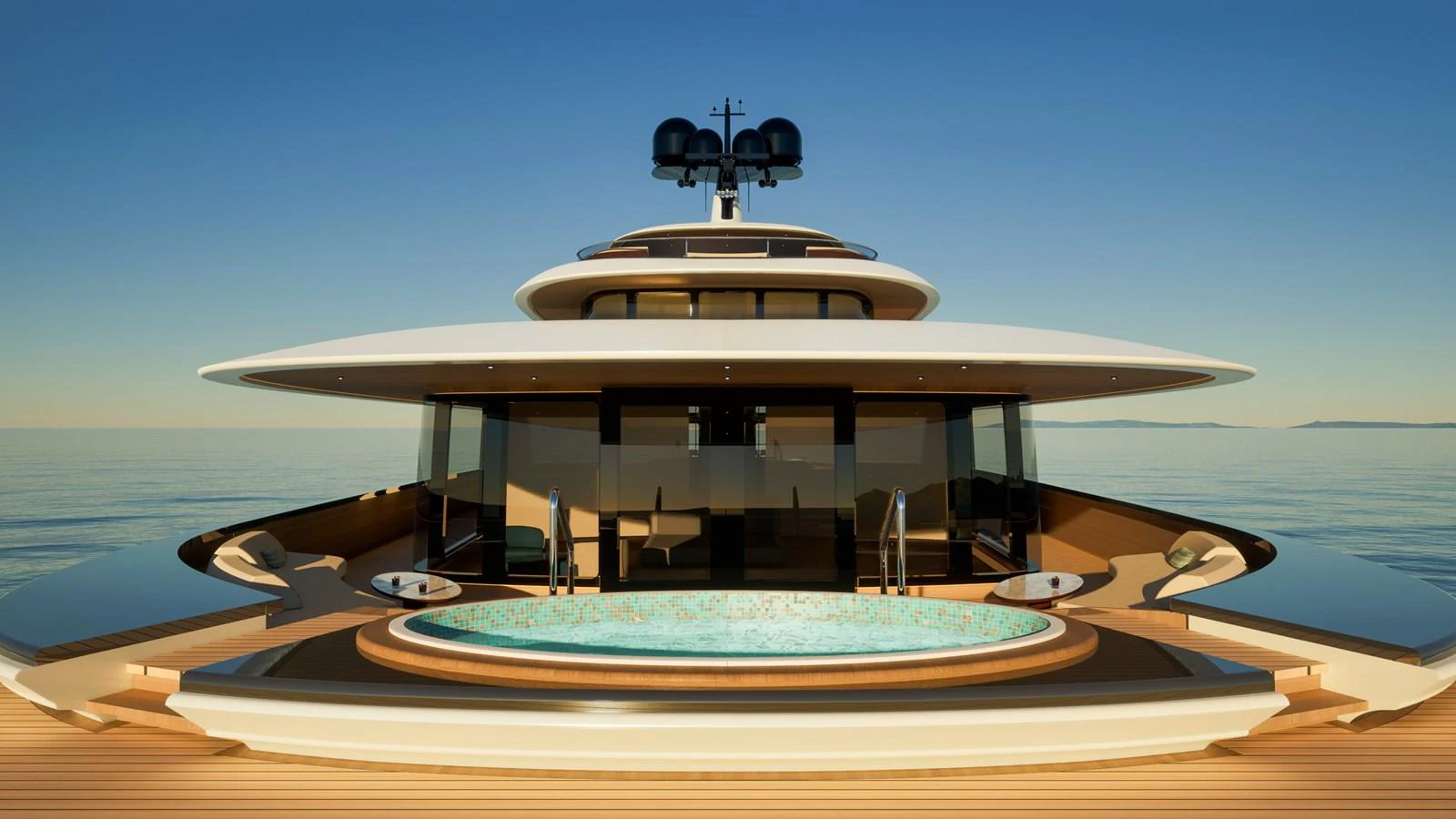 The yacht's aft deck features a luxurious jacuzzi with panoramic ocean views. aboard ZEPHYR Yacht for Sale
