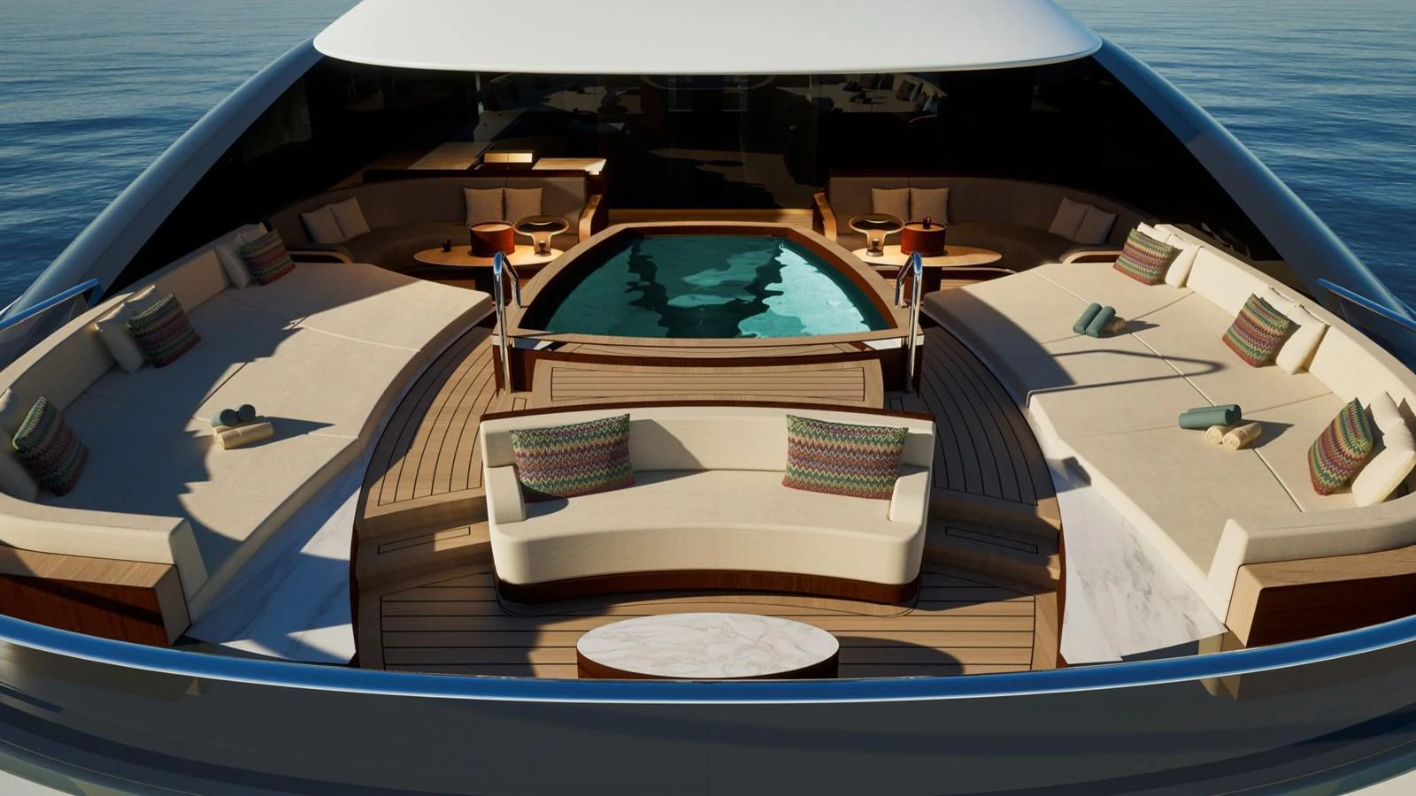The sundeck features luxurious lounging areas surrounding a central pool, perfect for relaxation and entertainment. aboard ZEPHYR Yacht for Sale