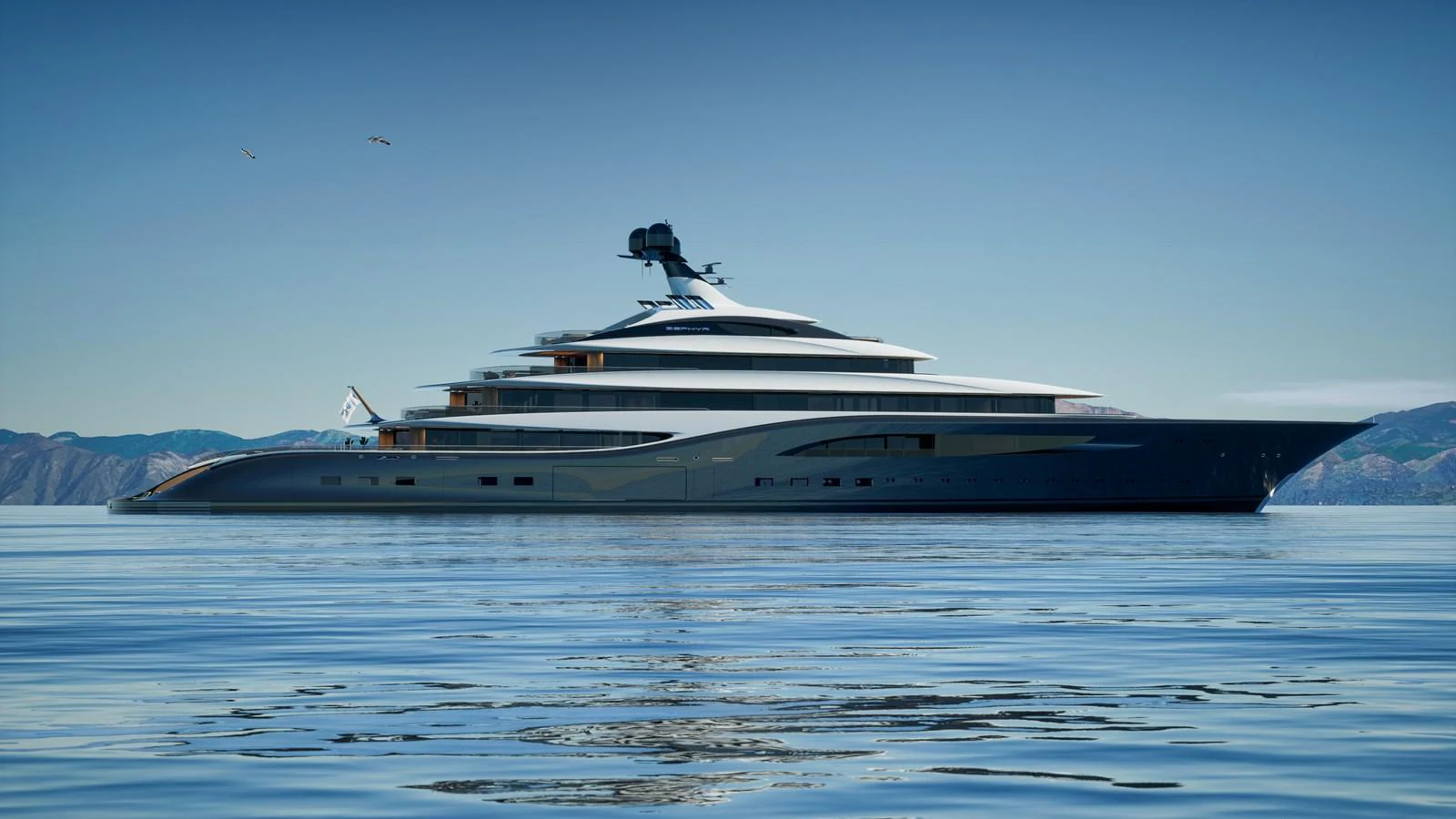 A sleek and modern yacht glides gracefully on calm waters with a stunning backdrop of mountains. aboard ZEPHYR Yacht for Sale