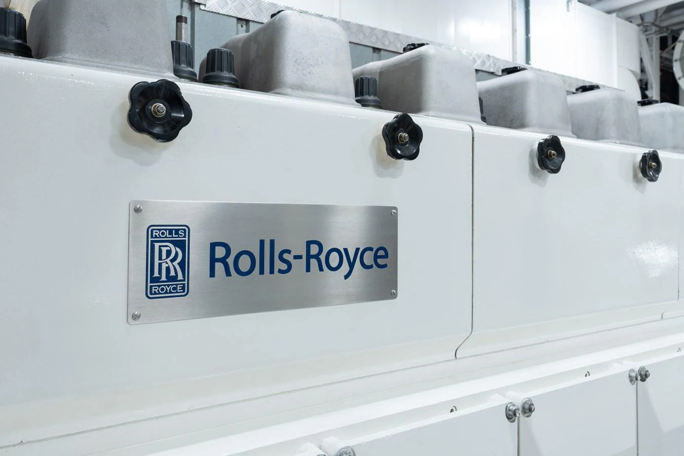 A close-up view of a Rolls-Royce engine component on the yacht. aboard I DYNASTY Yacht for Sale
