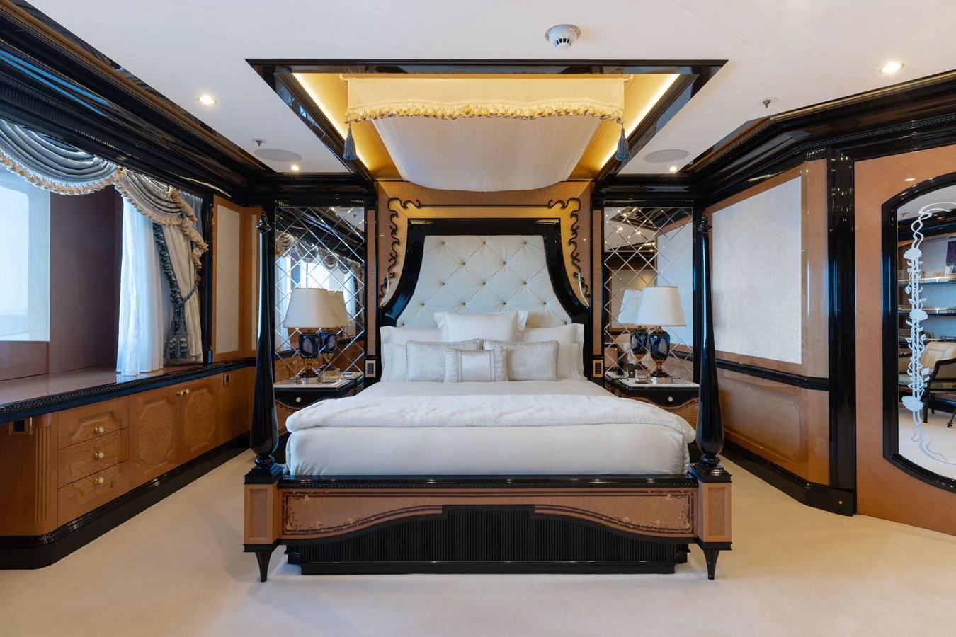The master stateroom exudes opulence with its luxurious bedding and elegant decor. aboard I DYNASTY Yacht for Sale