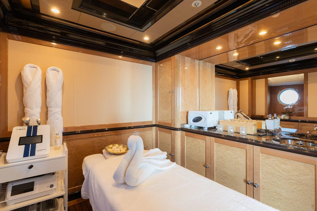 The yacht features a luxurious spa room with elegant decor and modern amenities. aboard I DYNASTY Yacht for Sale