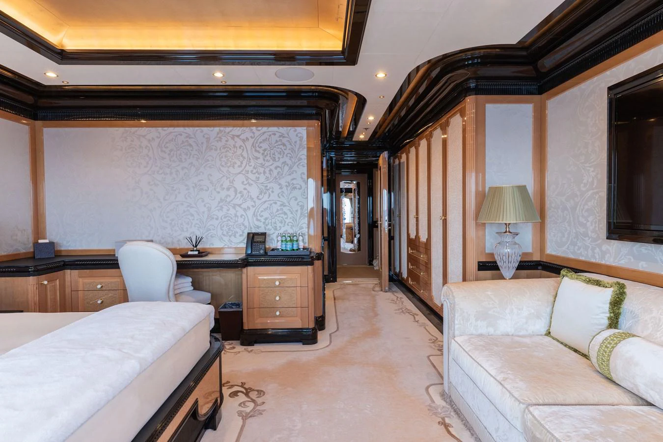 The master stateroom features elegant decor with luxurious furnishings and ample space. aboard I DYNASTY Yacht for Sale