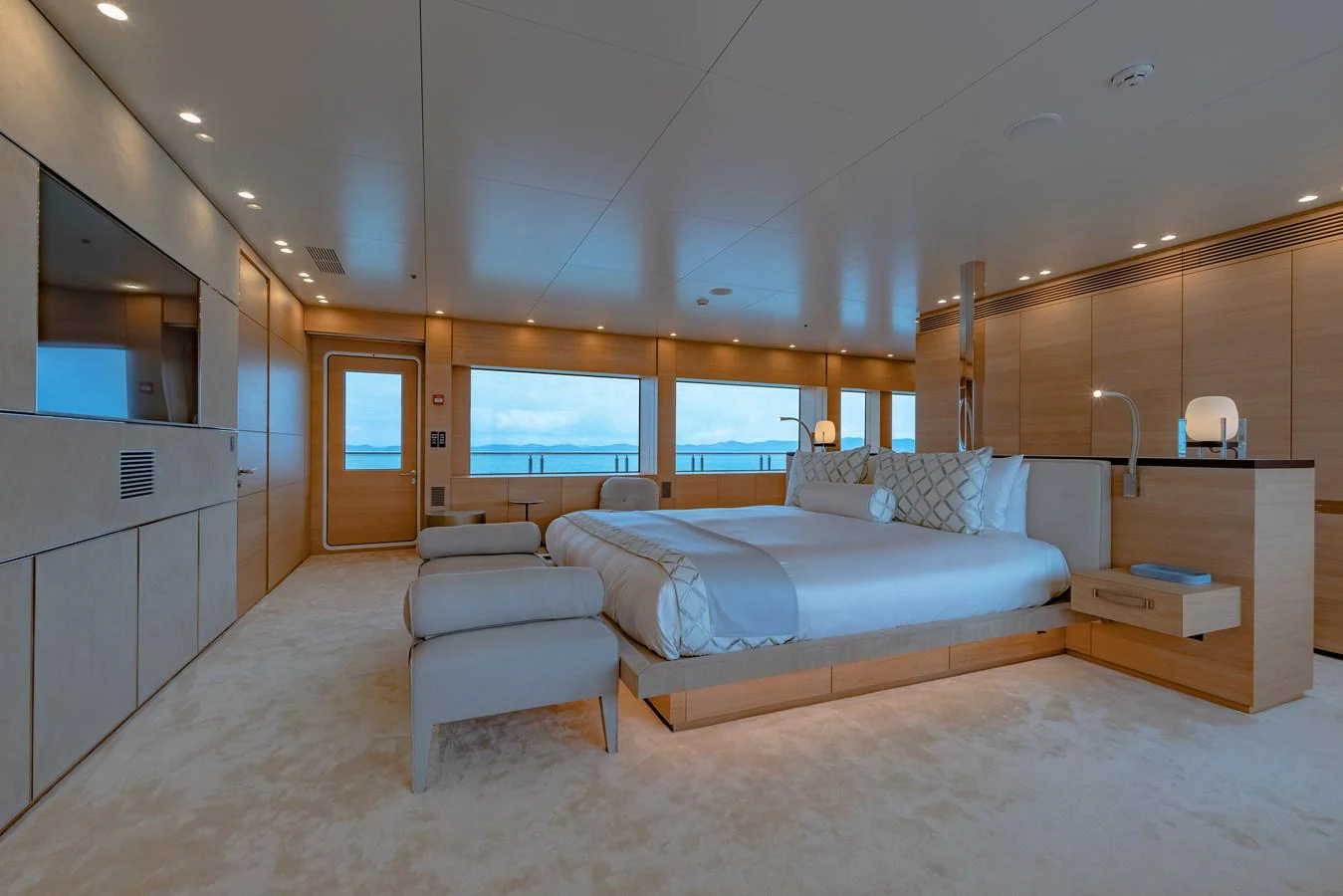 The master stateroom offers a spacious and luxurious retreat with panoramic ocean views. aboard WANDERLUST Yacht for Sale