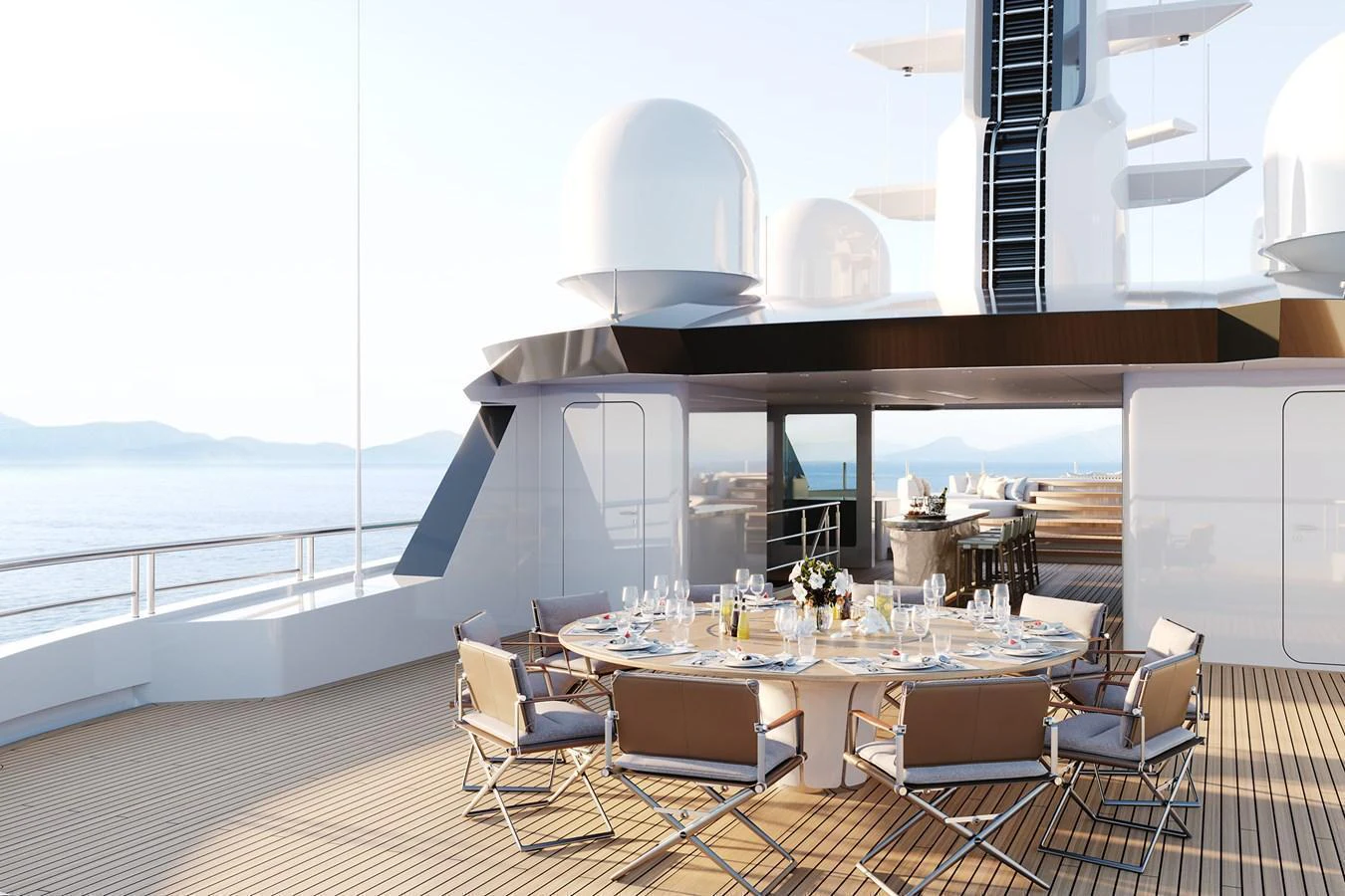 The sundeck features an elegant outdoor dining area with panoramic ocean views. aboard AMELS 80 Yacht for Sale