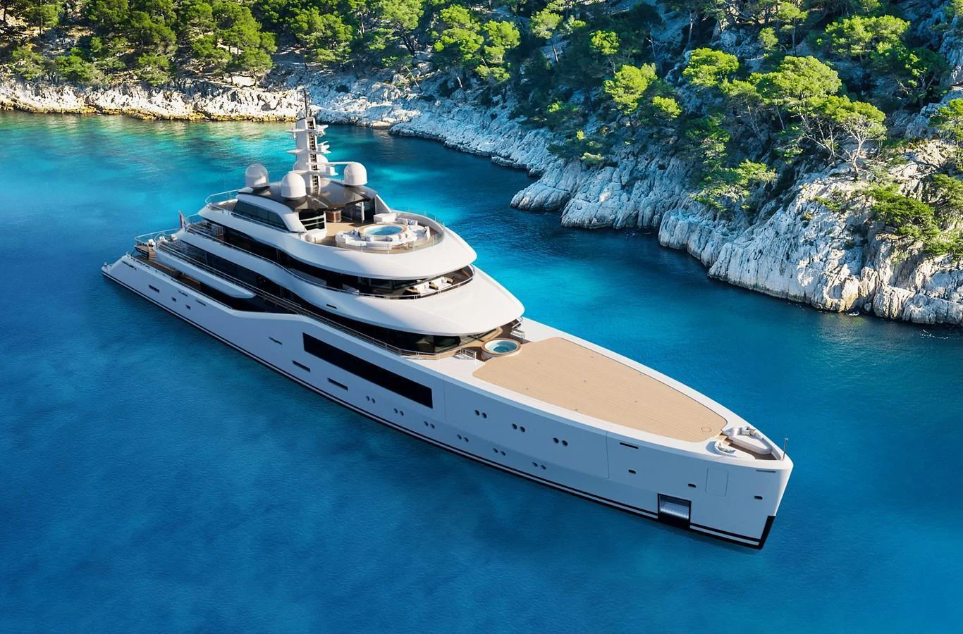 A stunning yacht glides through crystal-clear waters near a rocky, tree-lined shore. aboard AMELS 80 Yacht for Sale