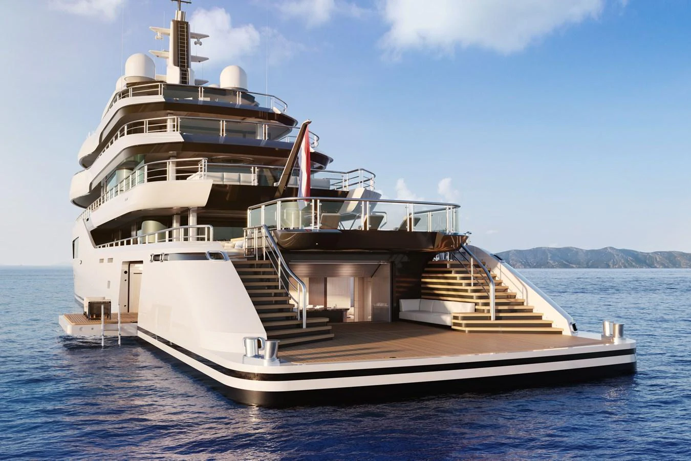 The yacht's expansive aft deck offers luxurious outdoor space with elegant steps leading down to the water. aboard AMELS 80 Yacht for Sale