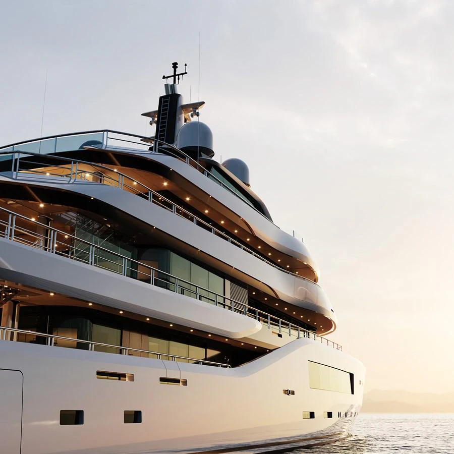 A stunning yacht exterior with sleek lines and multiple decks, captured at sunset. aboard AMELS 80 Yacht for Sale