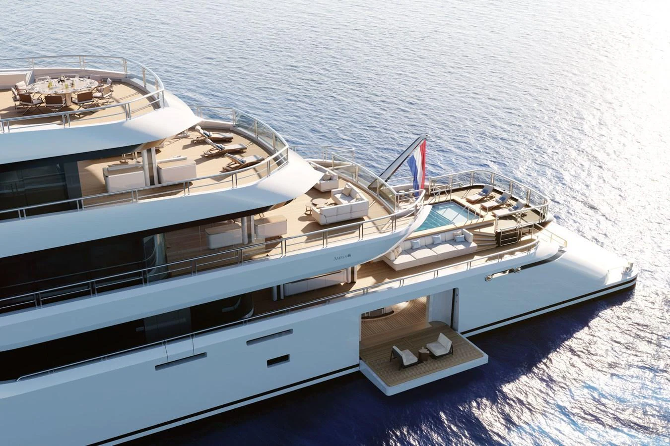 A luxurious yacht with multiple decks and a pool, cruising on calm waters. aboard AMELS 80 Yacht for Sale