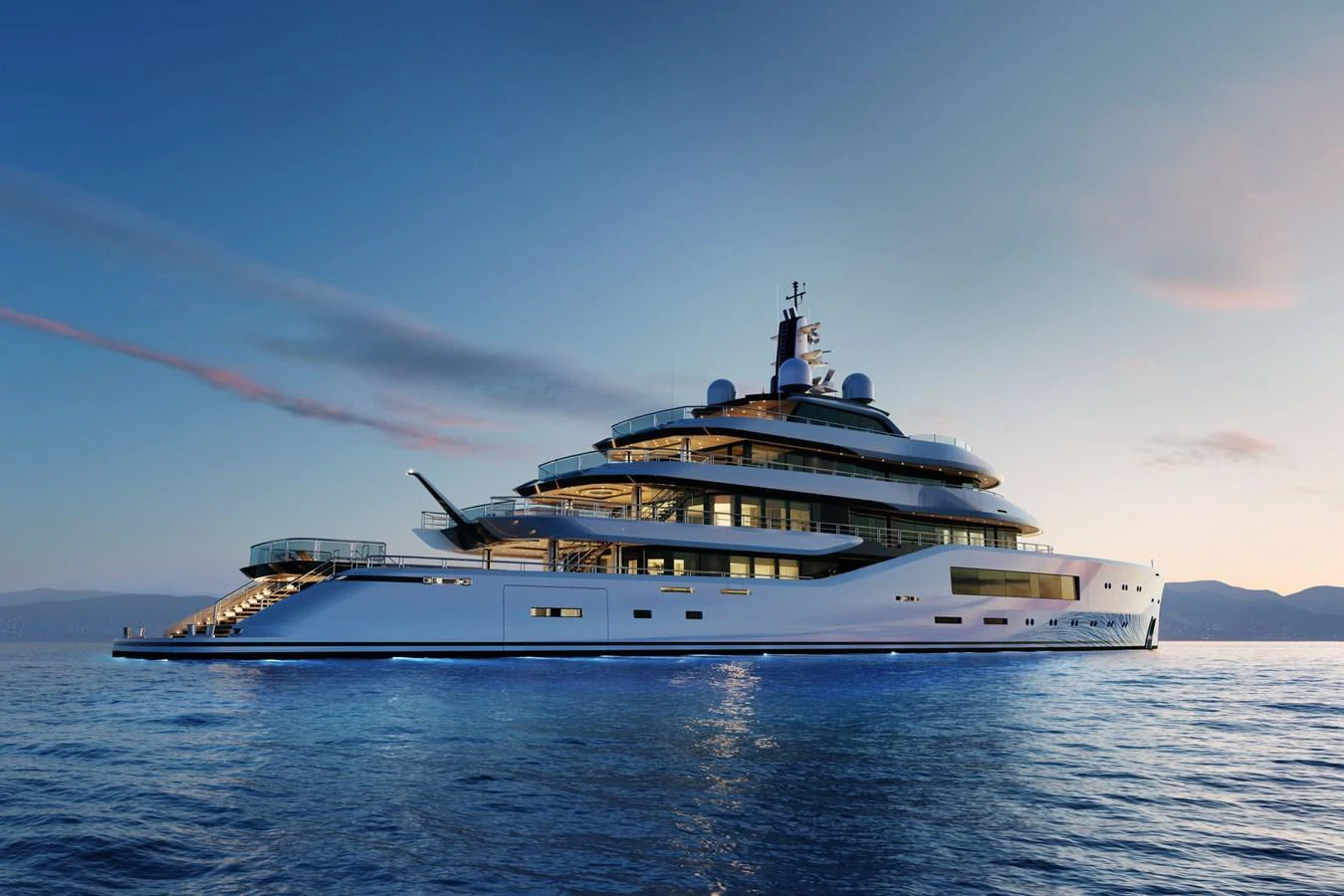 A stunning yacht glides gracefully on calm waters at sunset, showcasing its sleek and modern design. aboard AMELS 80 Yacht for Sale