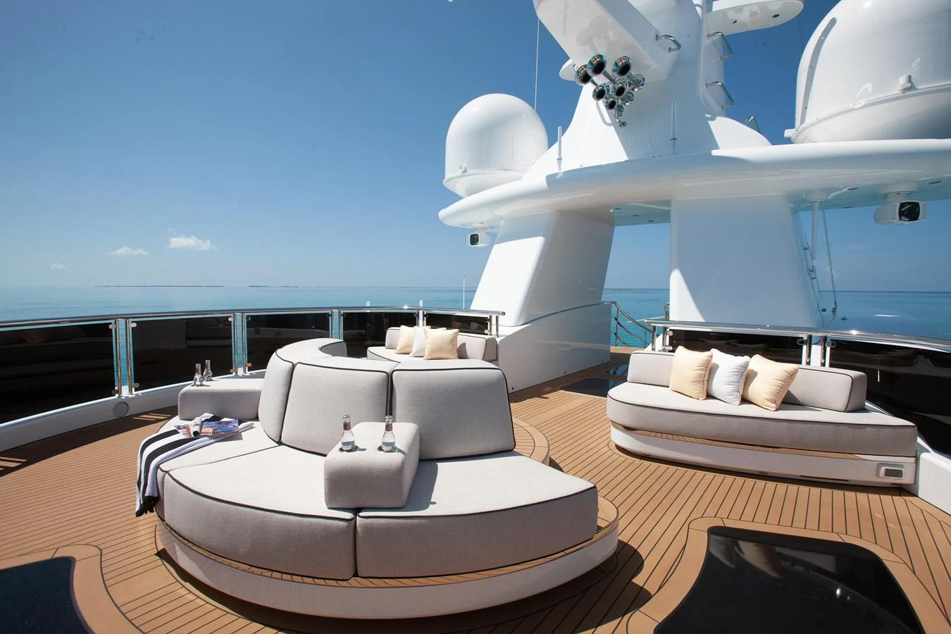 The sundeck features luxurious seating with panoramic ocean views. aboard BOARDWALK V Yacht for Sale