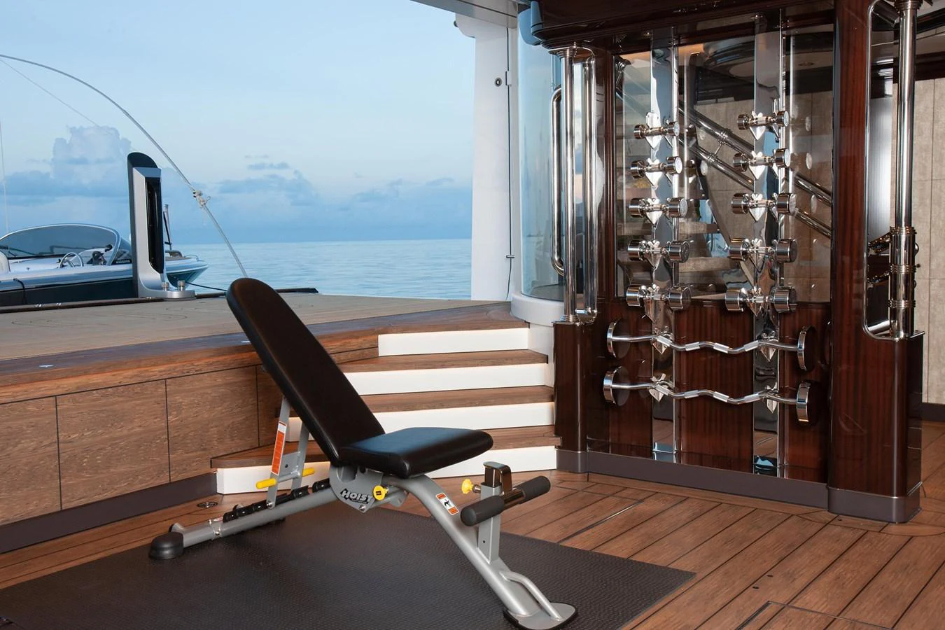 The yacht features a well-equipped gym with a view of the sea. aboard BOARDWALK V Yacht for Sale