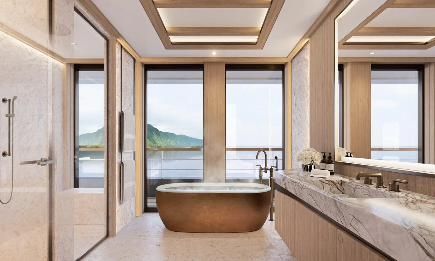 A luxurious yacht bathroom with a freestanding tub and stunning ocean views. aboard PROJECT MASTER Yacht for Sale