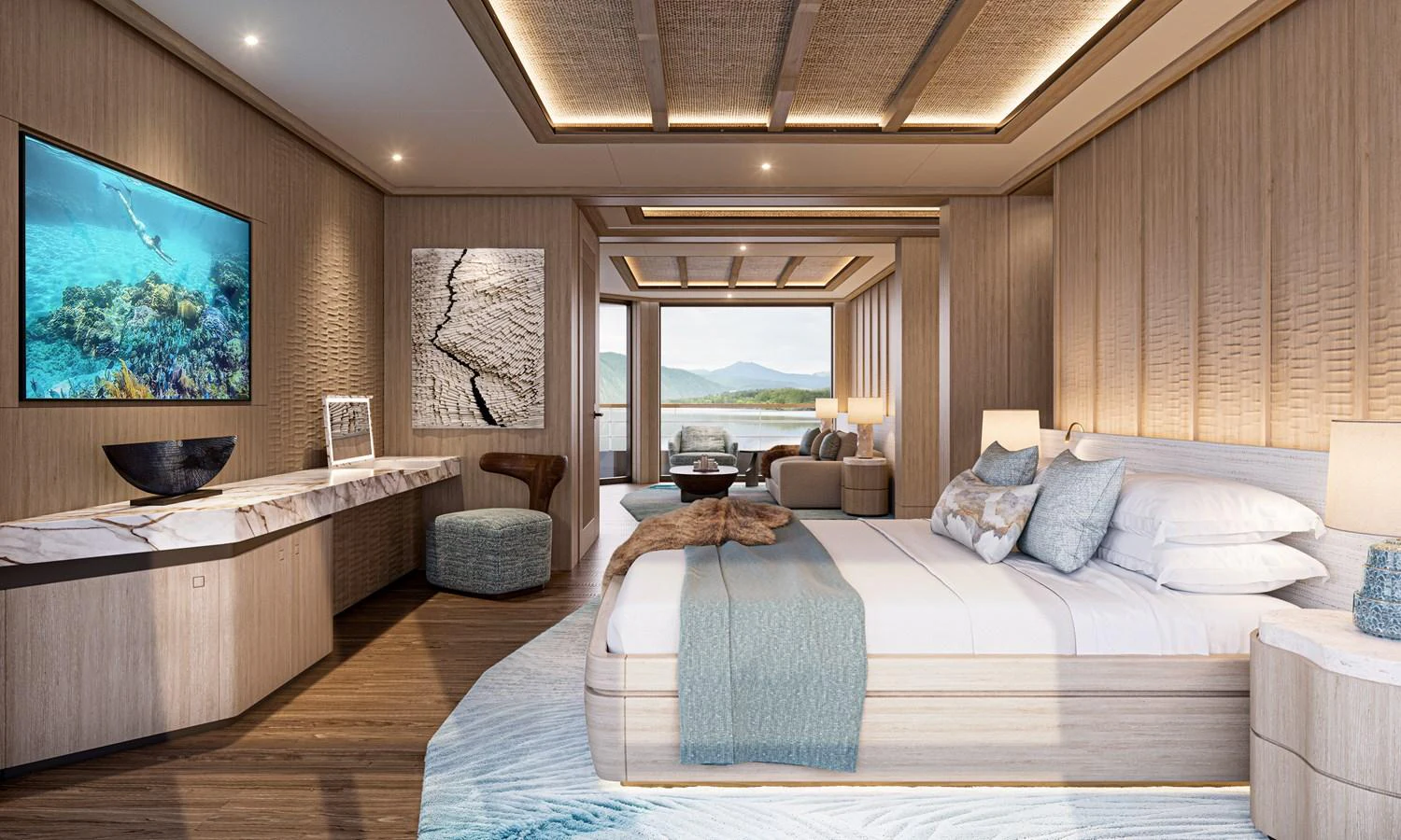 The master stateroom offers a luxurious and spacious retreat with elegant decor and stunning views. aboard PROJECT MASTER Yacht for Sale