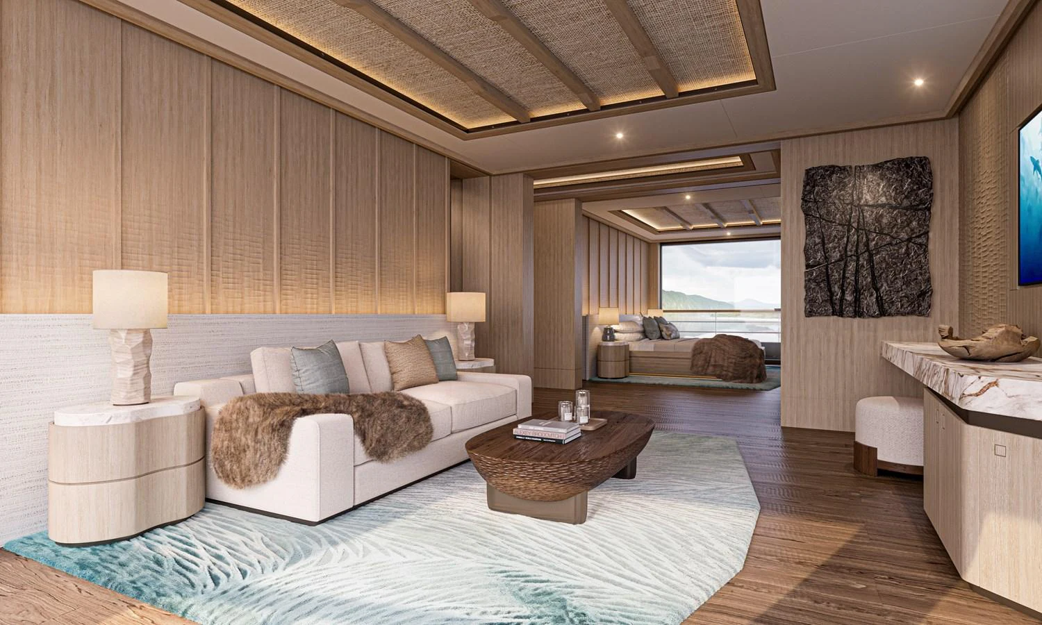 The master stateroom features luxurious furnishings and a serene ambiance. aboard PROJECT MASTER Yacht for Sale