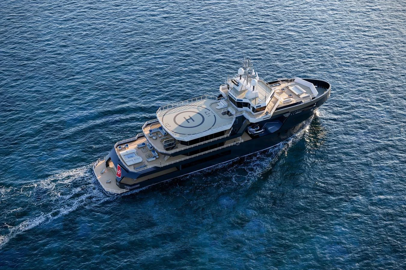A luxurious yacht with a helipad cruises through calm waters, showcasing its impressive size and design. aboard PROJECT MASTER Yacht for Sale