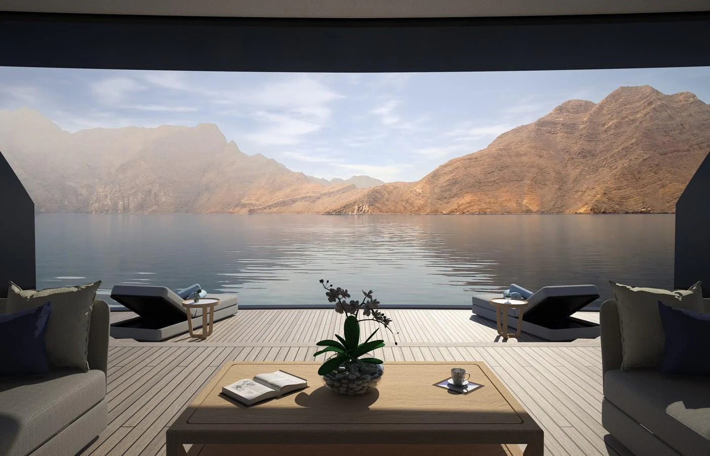 The salon offers a serene view of the surrounding mountains and water, creating a tranquil atmosphere. aboard PROJECT MASTER Yacht for Sale