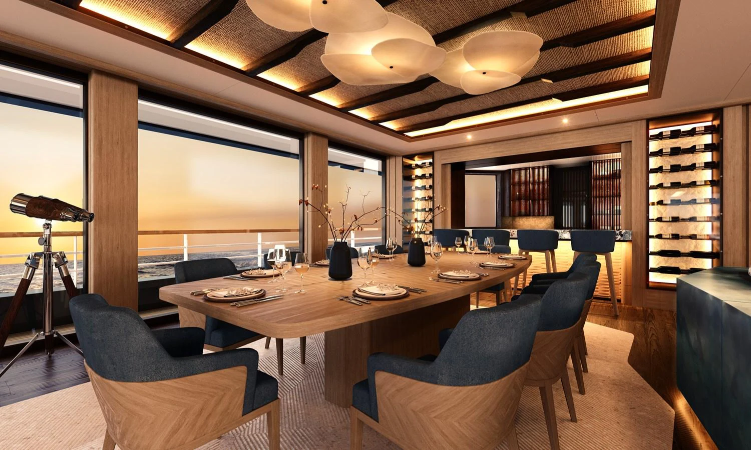 The yacht's dining area features a large wooden table with elegant place settings, surrounded by comfortable chairs and ambient lighting. aboard PROJECT MASTER Yacht for Sale