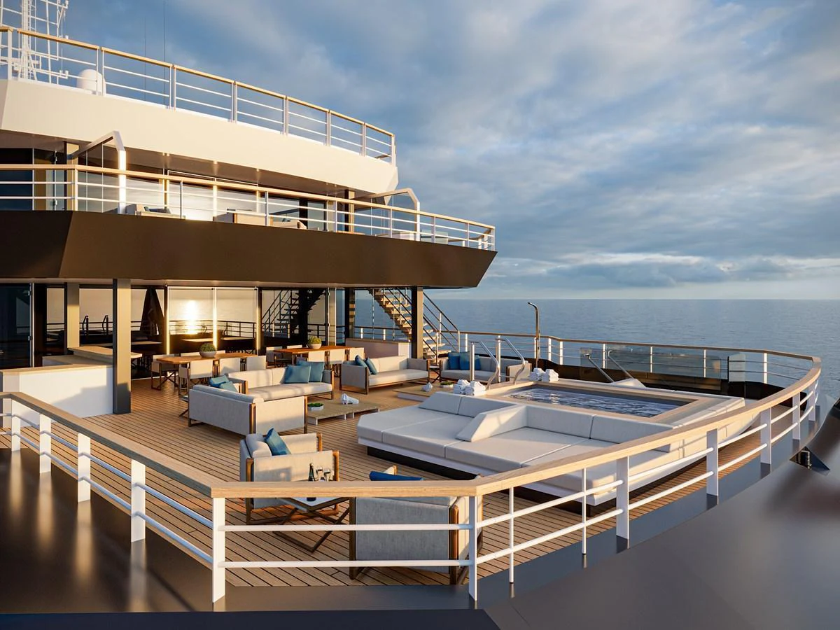 The yacht's sundeck features luxurious lounging areas and a jacuzzi, perfect for relaxation and enjoying the ocean views. aboard PROJECT MASTER Yacht for Sale