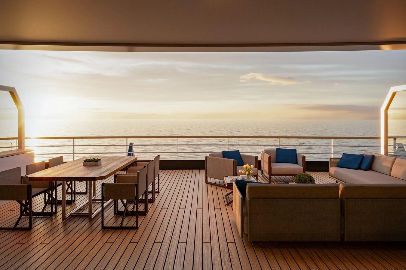 The aft deck offers a spacious and elegant outdoor living area with comfortable seating and dining arrangements, perfect for enjoying the sunset over the ocean. aboard PROJECT MASTER Yacht for Sale