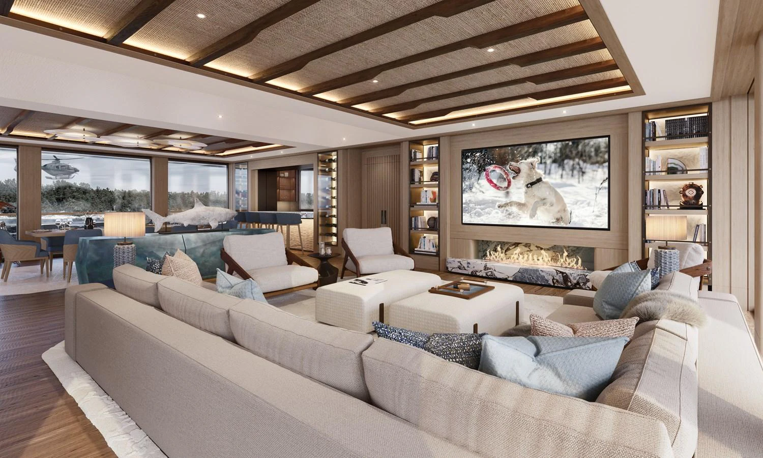 The spacious salon features comfortable seating, a large TV, and elegant decor. aboard PROJECT MASTER Yacht for Sale
