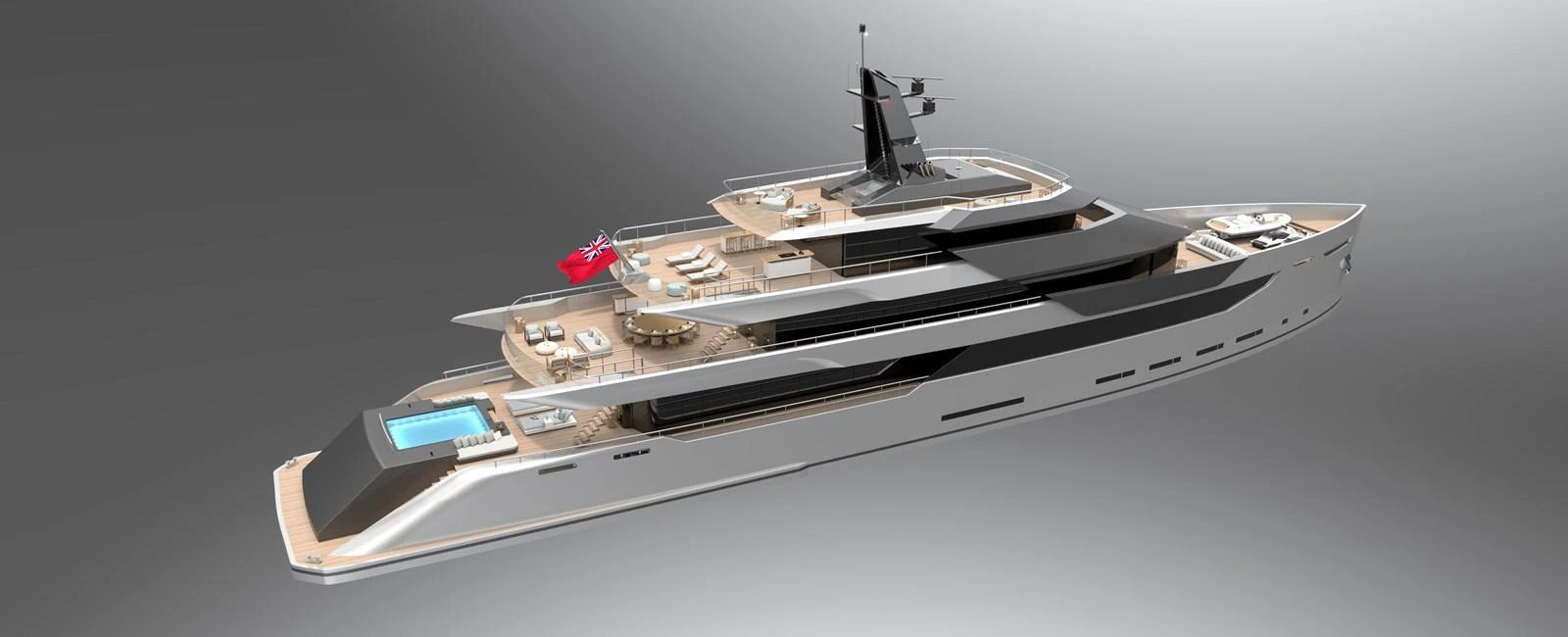 A sleek and modern yacht with multiple decks, showcasing luxurious amenities including a pool and spacious lounging areas. aboard ABOVE + BEYOND Yacht for Sale