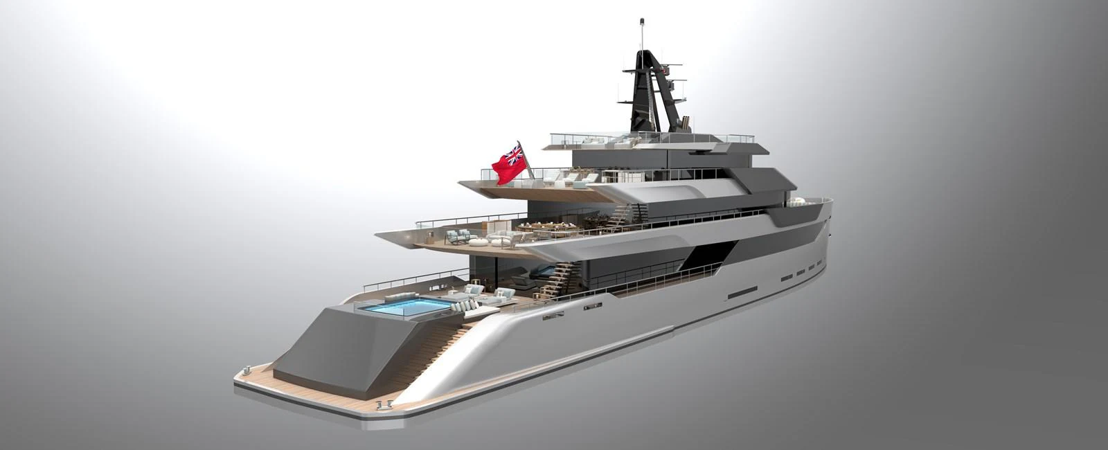 A sleek and modern yacht with multiple decks and a pool at the stern. aboard ABOVE + BEYOND Yacht for Sale