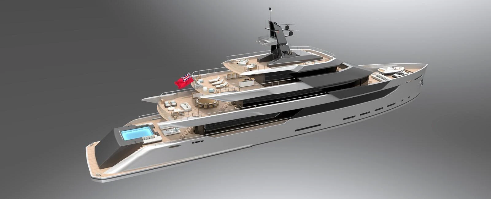 A sleek and modern yacht with multiple decks and luxurious amenities, including a pool and spacious lounging areas. aboard ABOVE + BEYOND Yacht for Sale