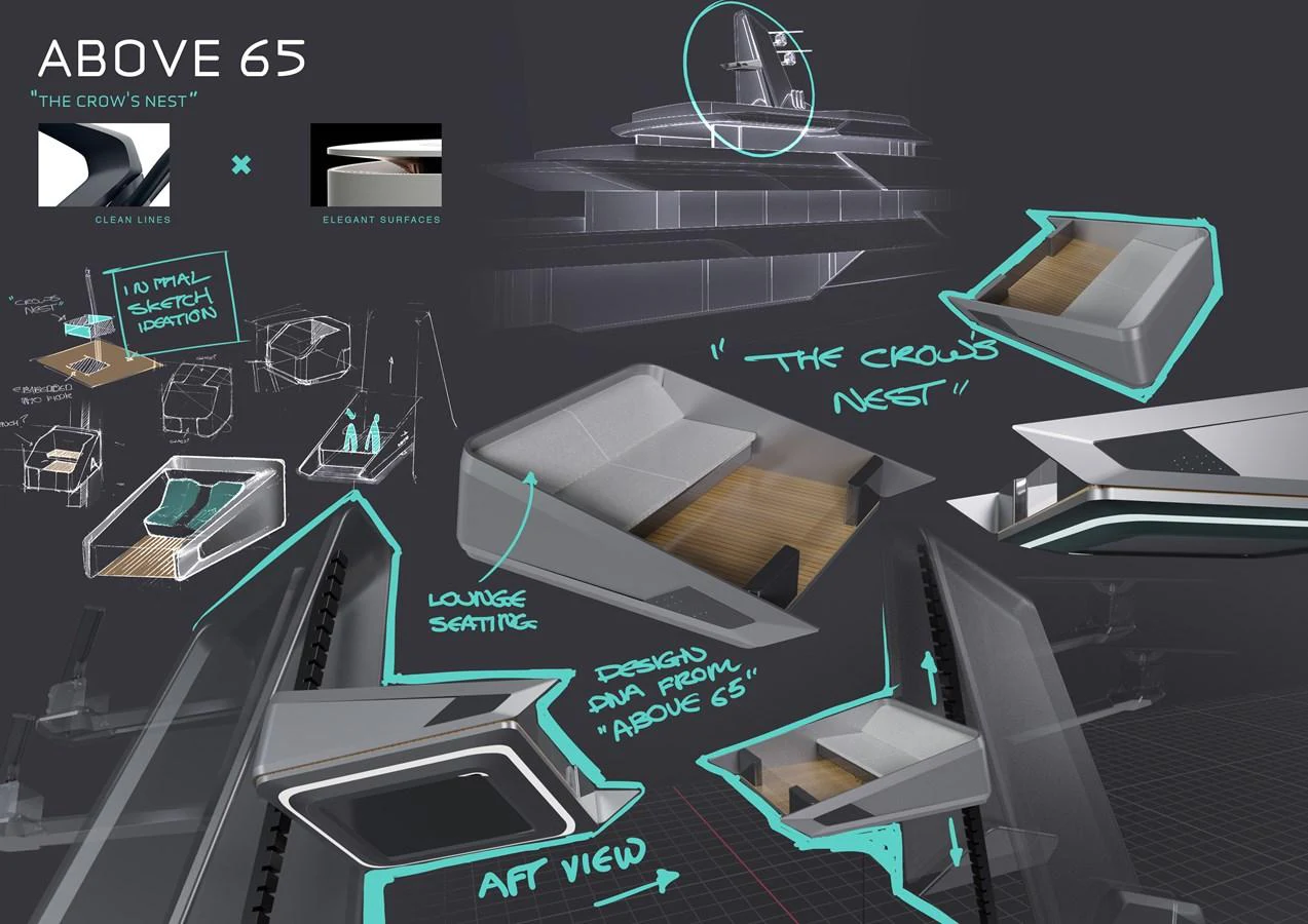 Conceptual design sketches showcasing various detailed elements of the yacht's exterior and lounge seating area. aboard ABOVE + BEYOND Yacht for Sale