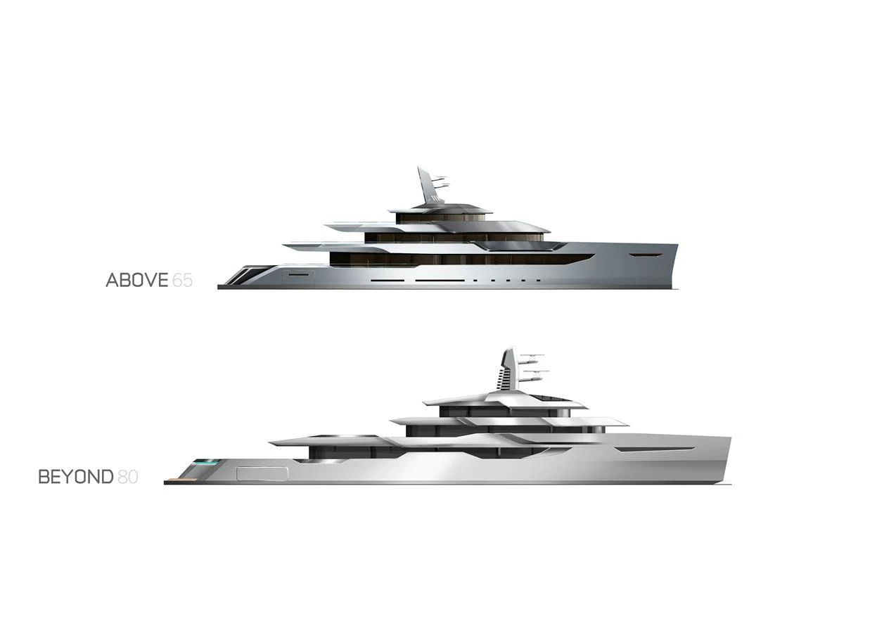 Two sleek yacht designs are showcased in a side profile view, highlighting their modern and elegant lines. aboard ABOVE + BEYOND Yacht for Sale